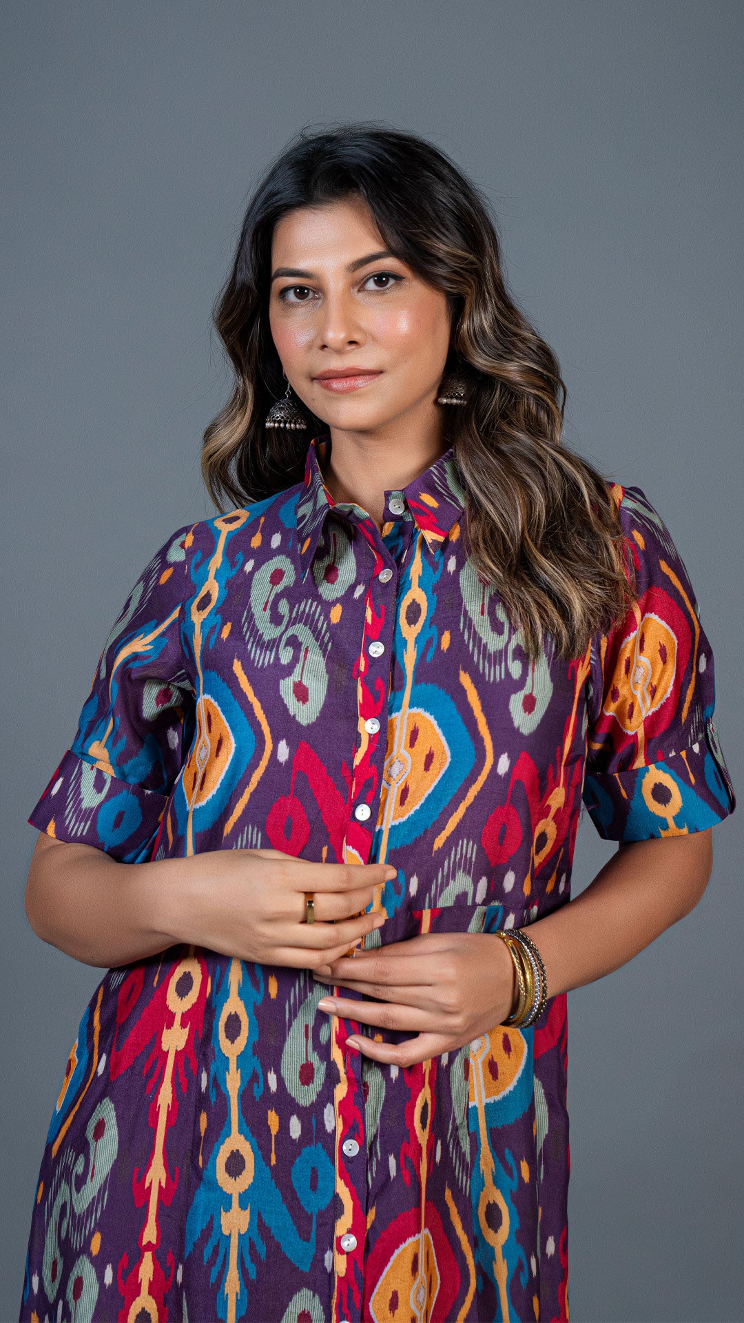 PURPLE IKKAT PRINT COTTON SILK SHIRT DRESS