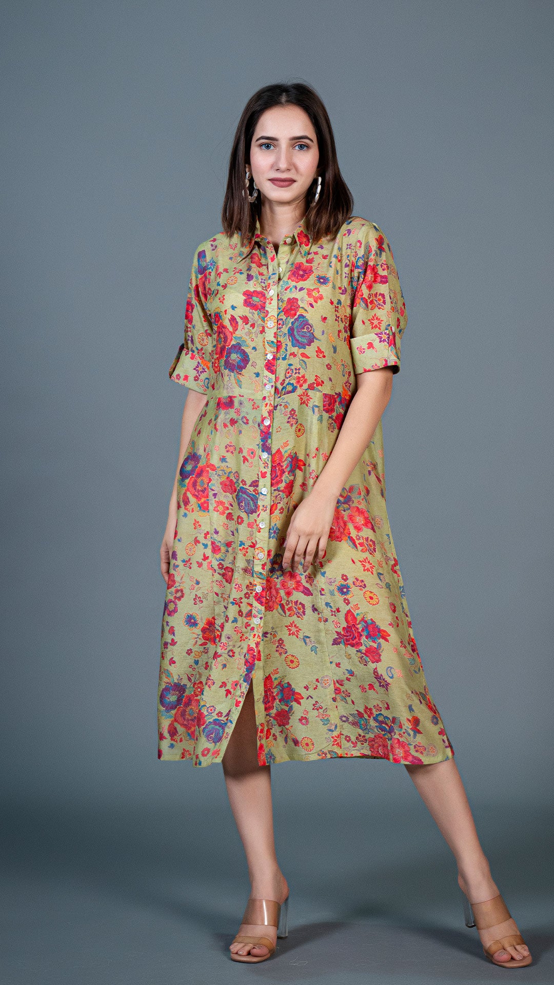 GREEN FLORAL COTTON SILK SHIRT DRESS