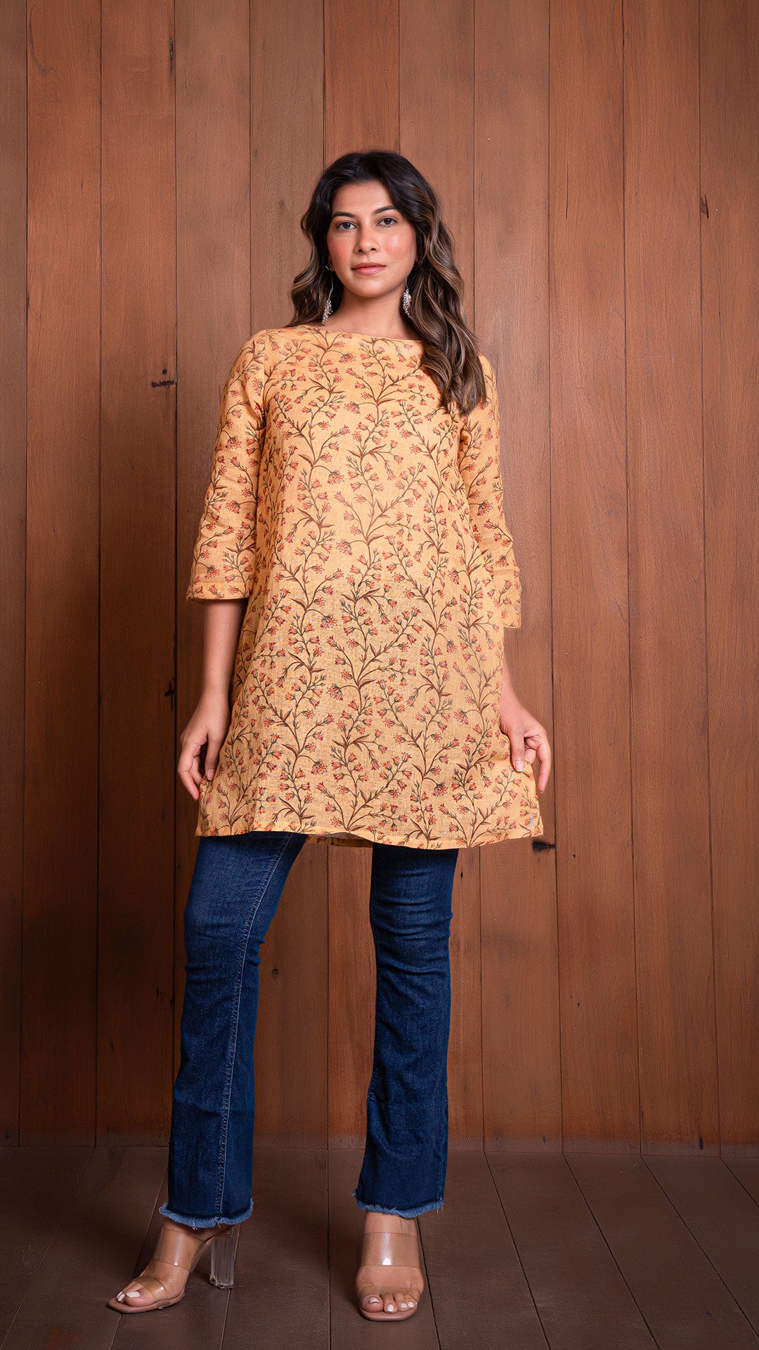 MUSTARD FLORAL JAAL LINEN SHORT TOP