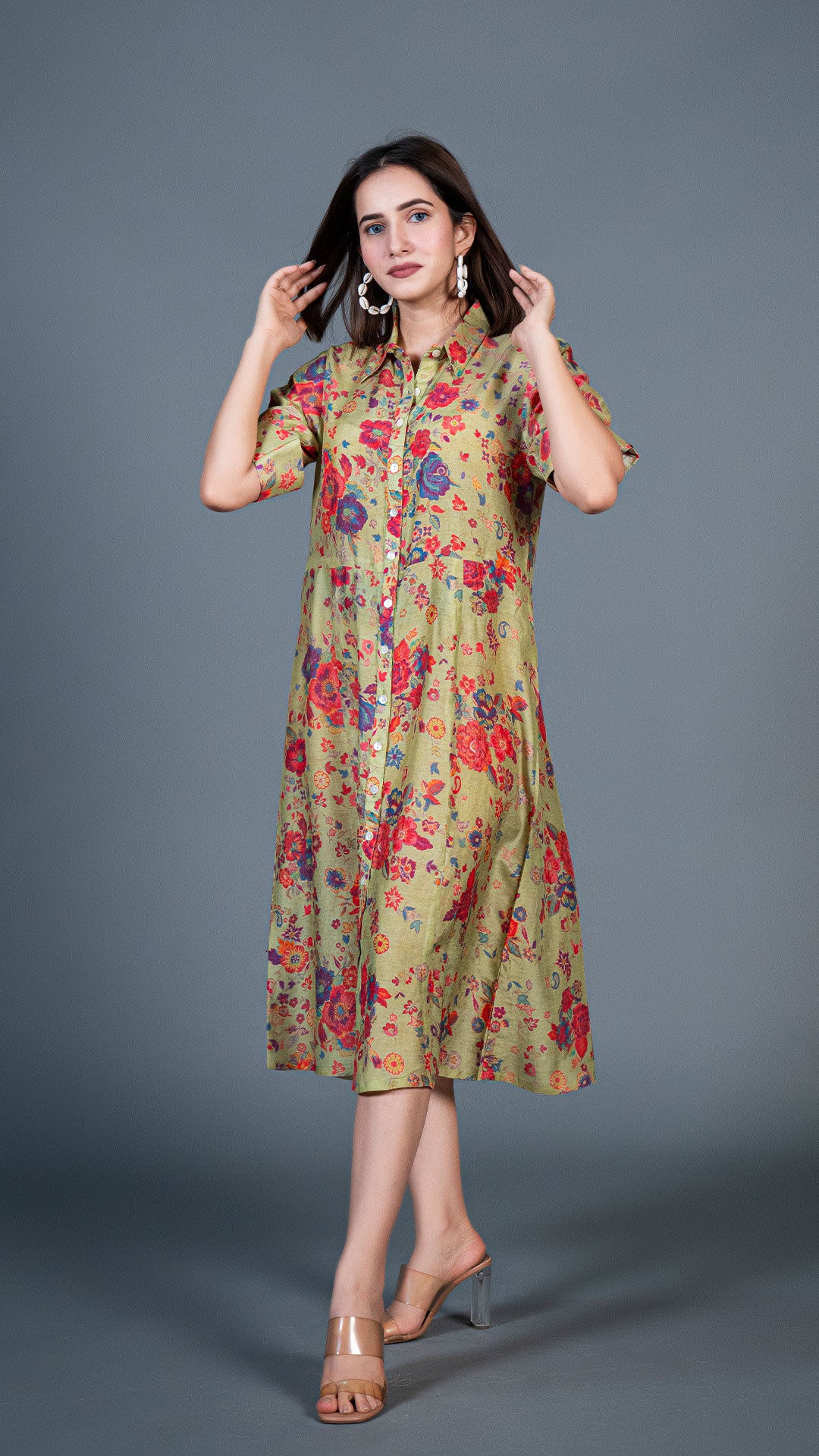GREEN FLORAL COTTON SILK SHIRT DRESS