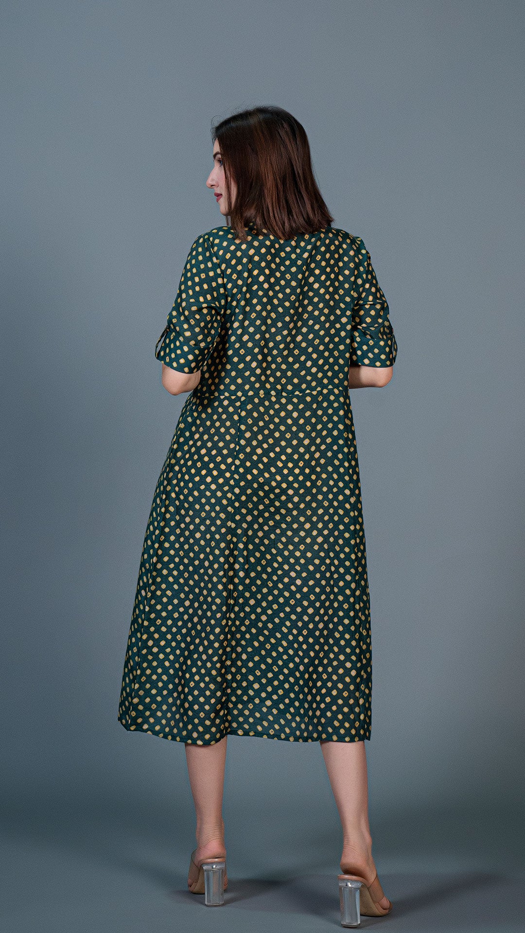DARK GREEN BANDHANI PRINT COTTON SILK SHIRT DRESS