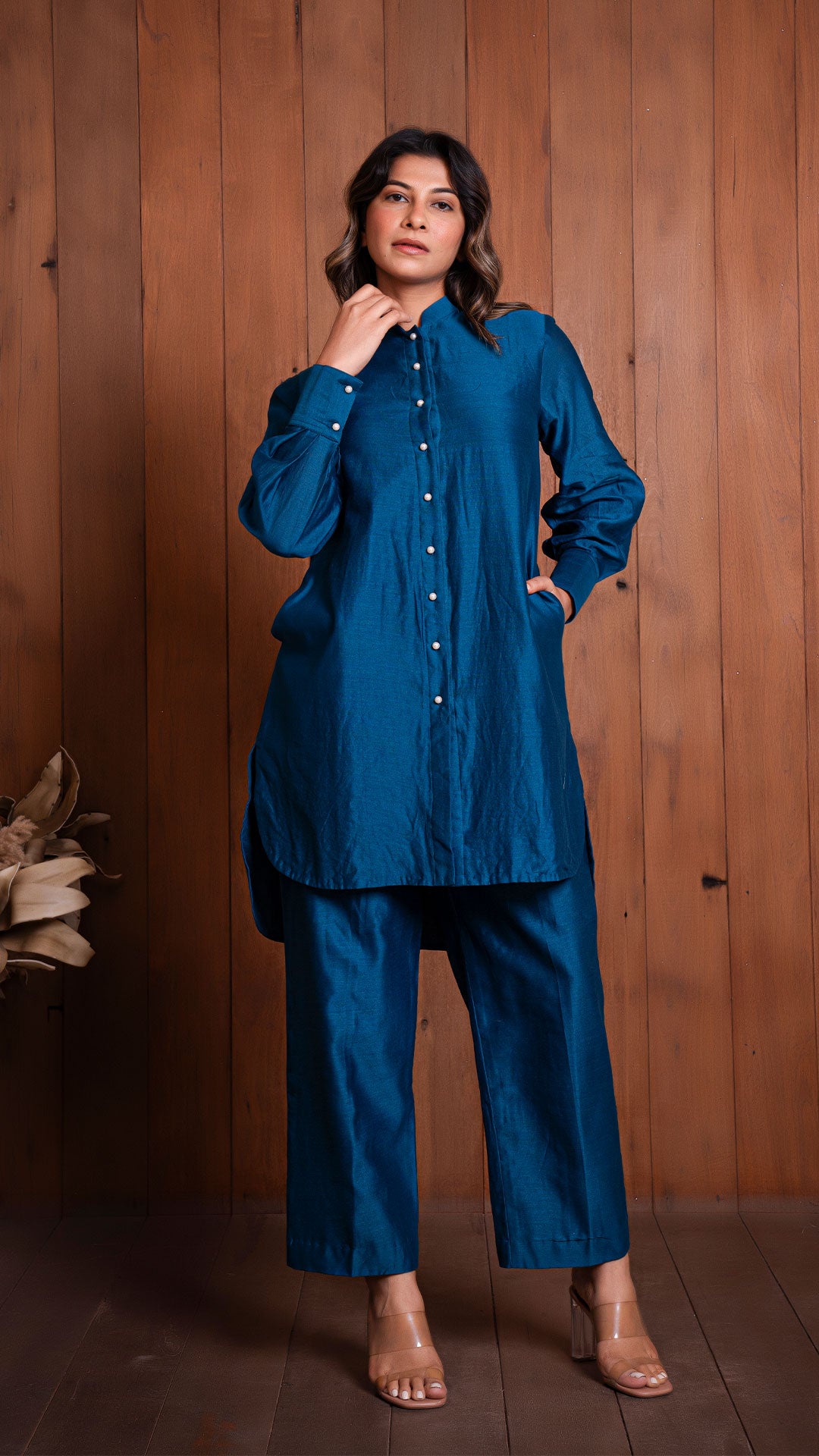 SOLID CHANDERI CO-ORD SET - PEACOCK BLUE