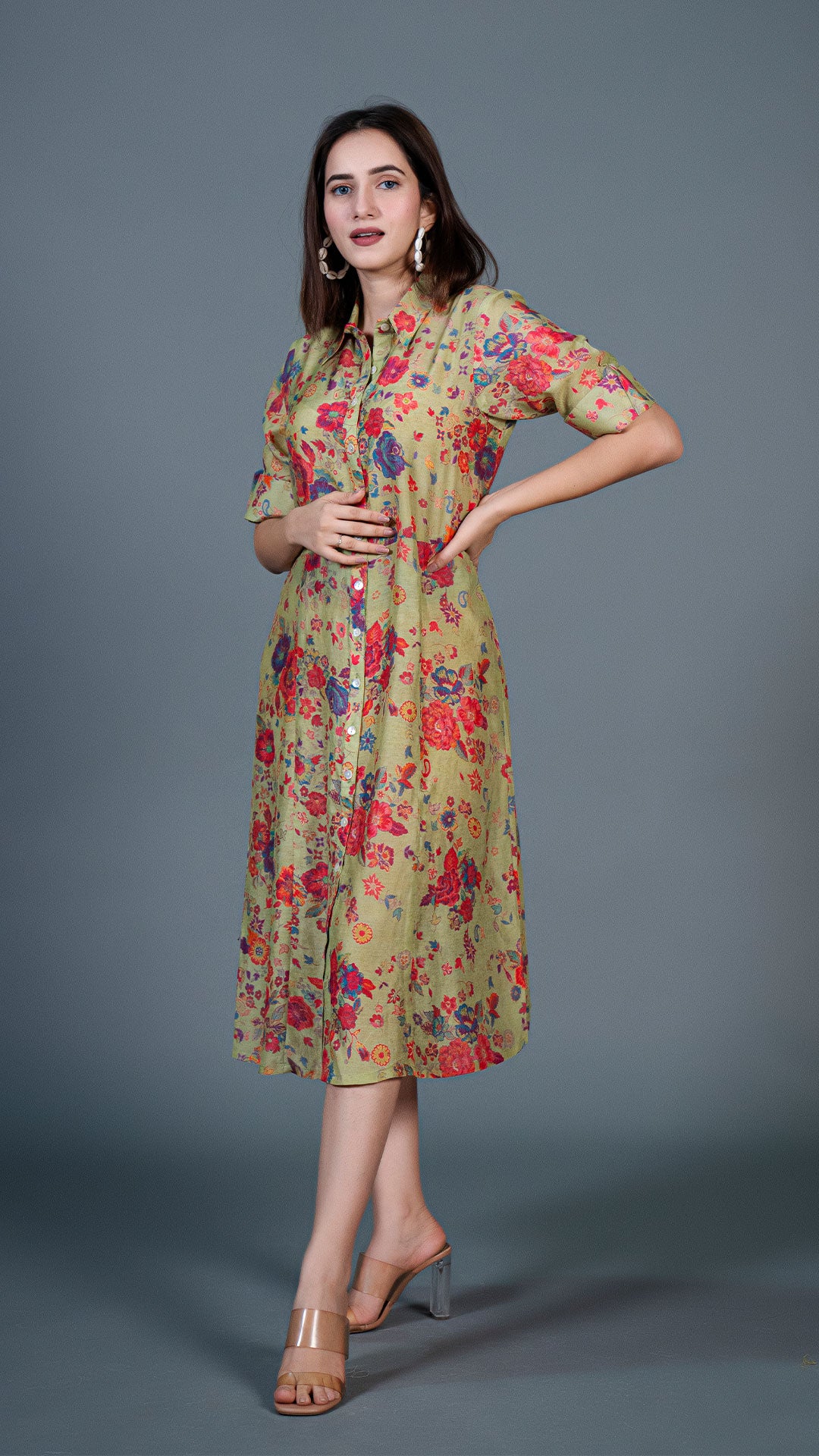 GREEN FLORAL COTTON SILK SHIRT DRESS