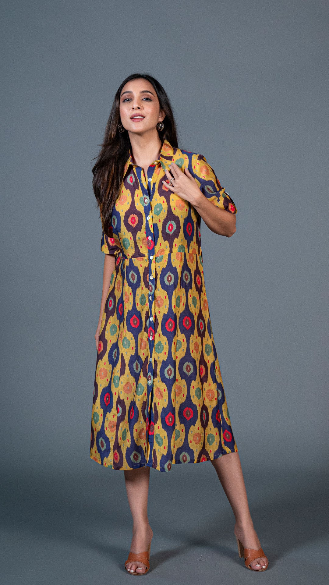 YELLOW IKKAT PRINT COTTON SILK SHIRT DRESS
