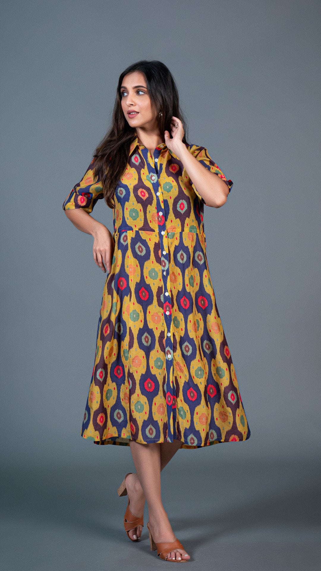 YELLOW IKKAT PRINT COTTON SILK SHIRT DRESS