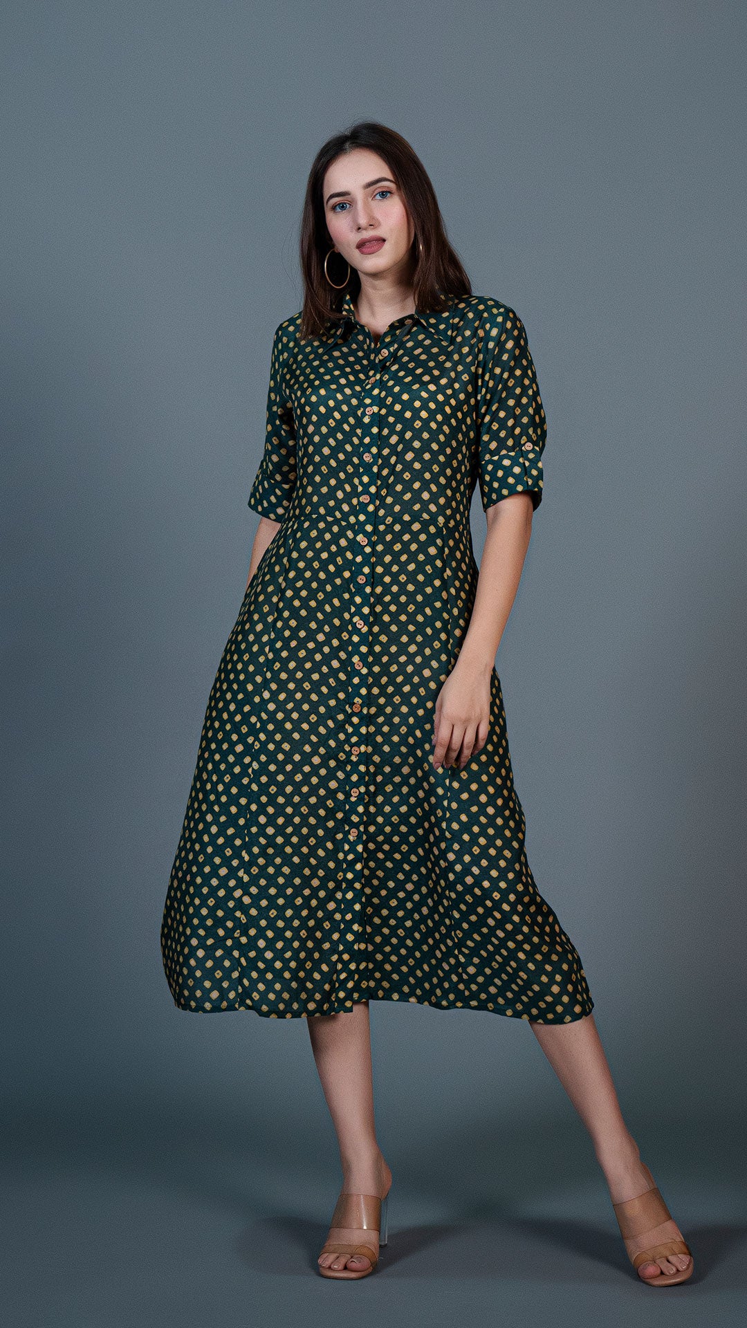 DARK GREEN BANDHANI PRINT COTTON SILK SHIRT DRESS