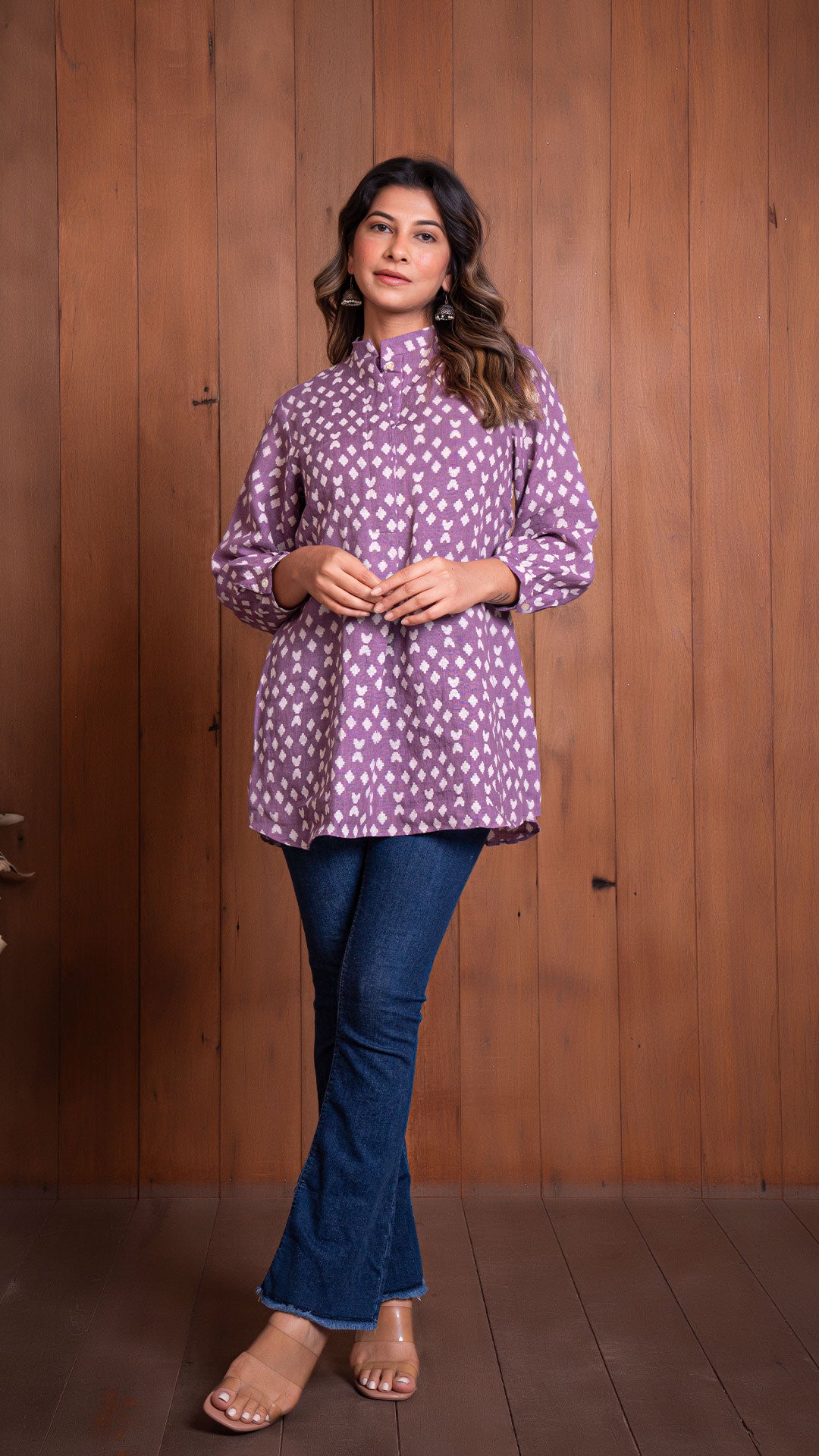 LAVENDER GEOMETRIC PRINT LINEN SHORT TOP
