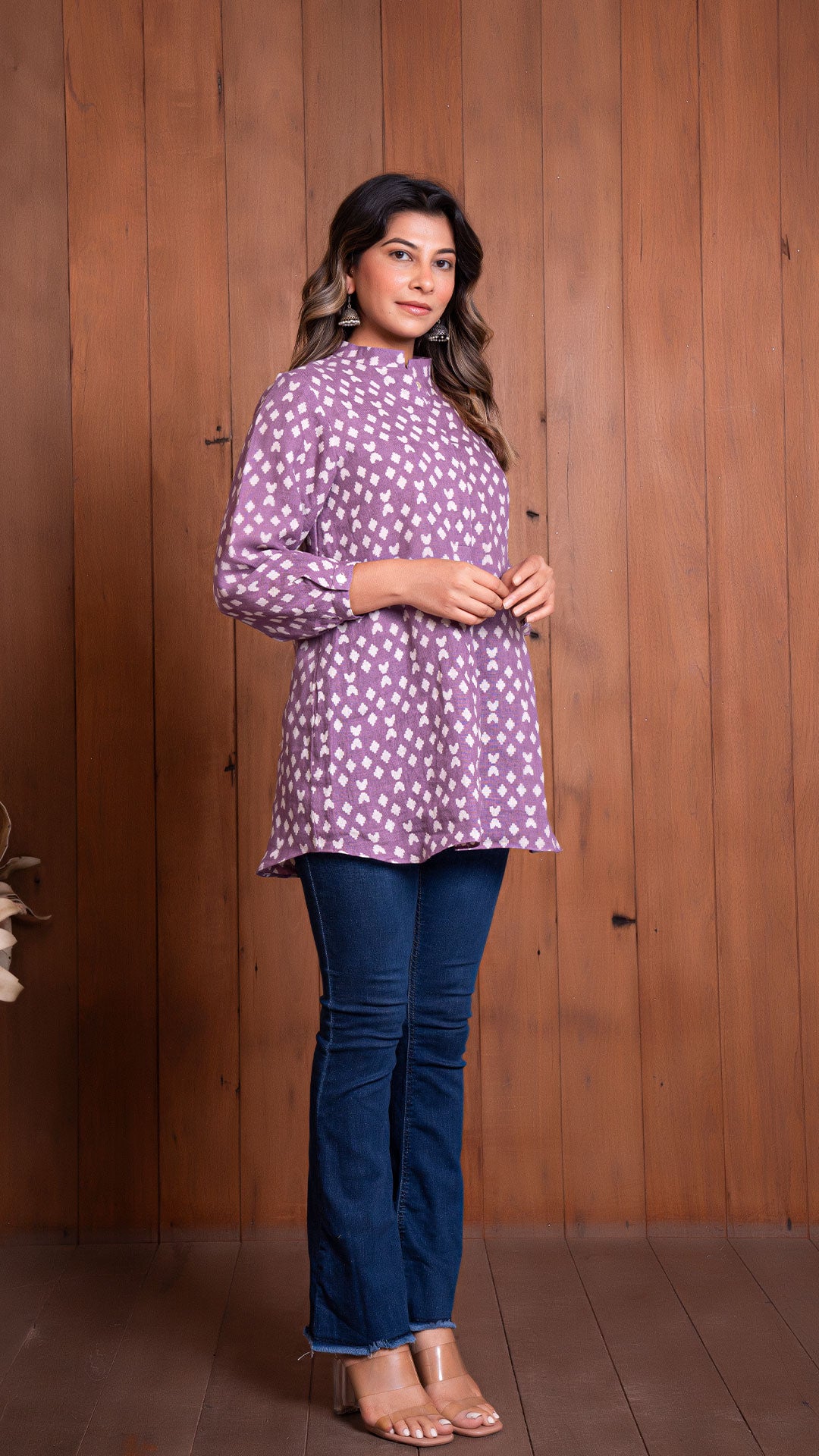 LAVENDER GEOMETRIC PRINT LINEN SHORT TOP