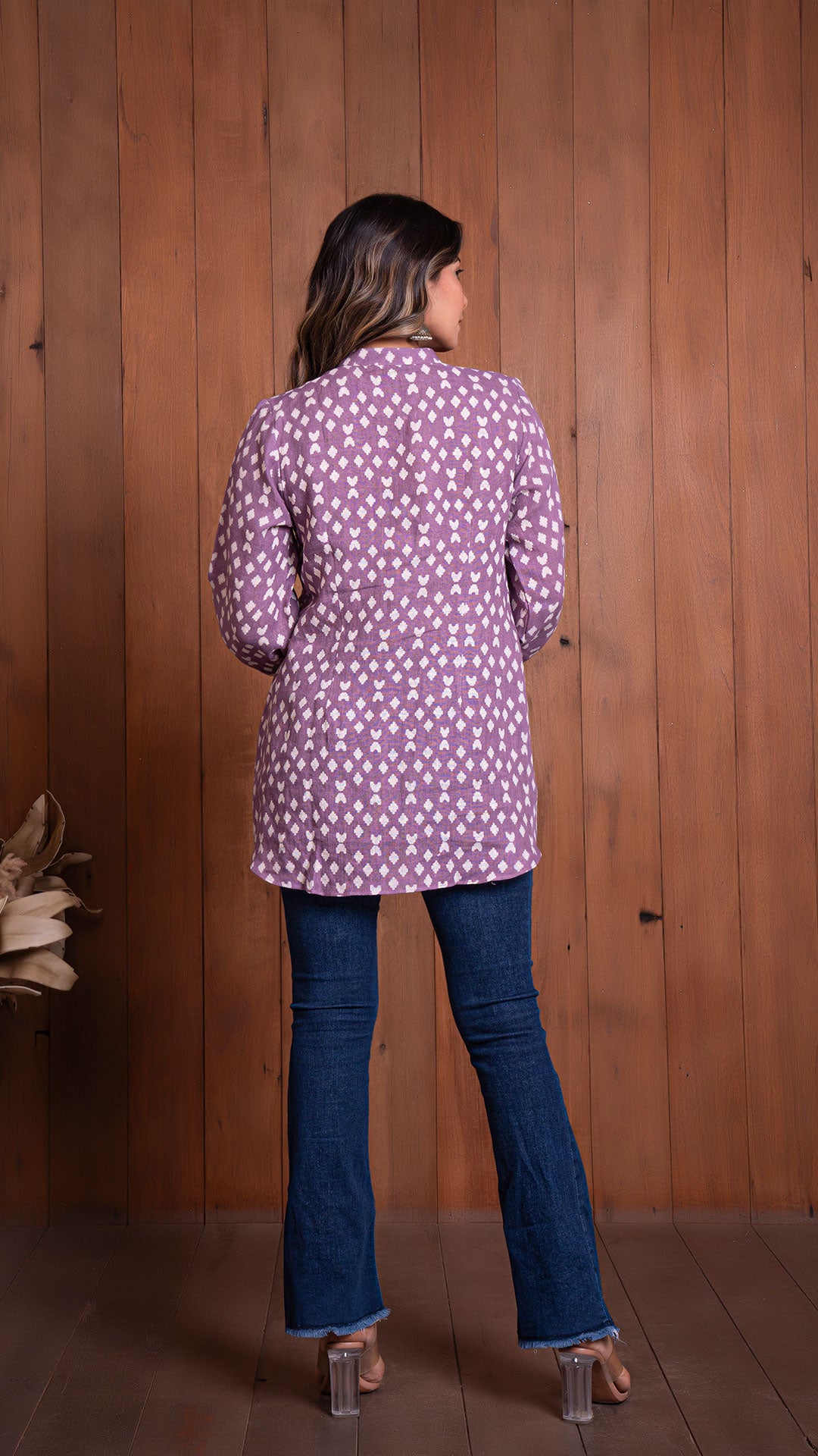 LAVENDER GEOMETRIC PRINT LINEN SHORT TOP