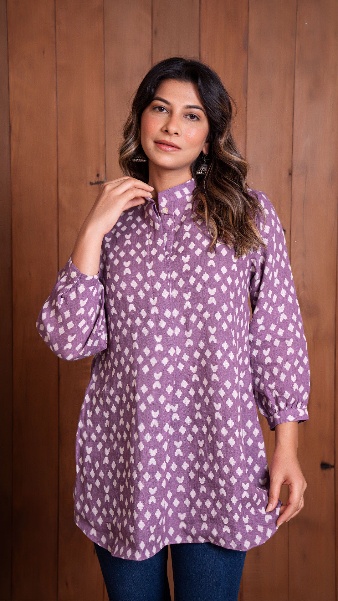 LAVENDER GEOMETRIC PRINT LINEN SHORT TOP
