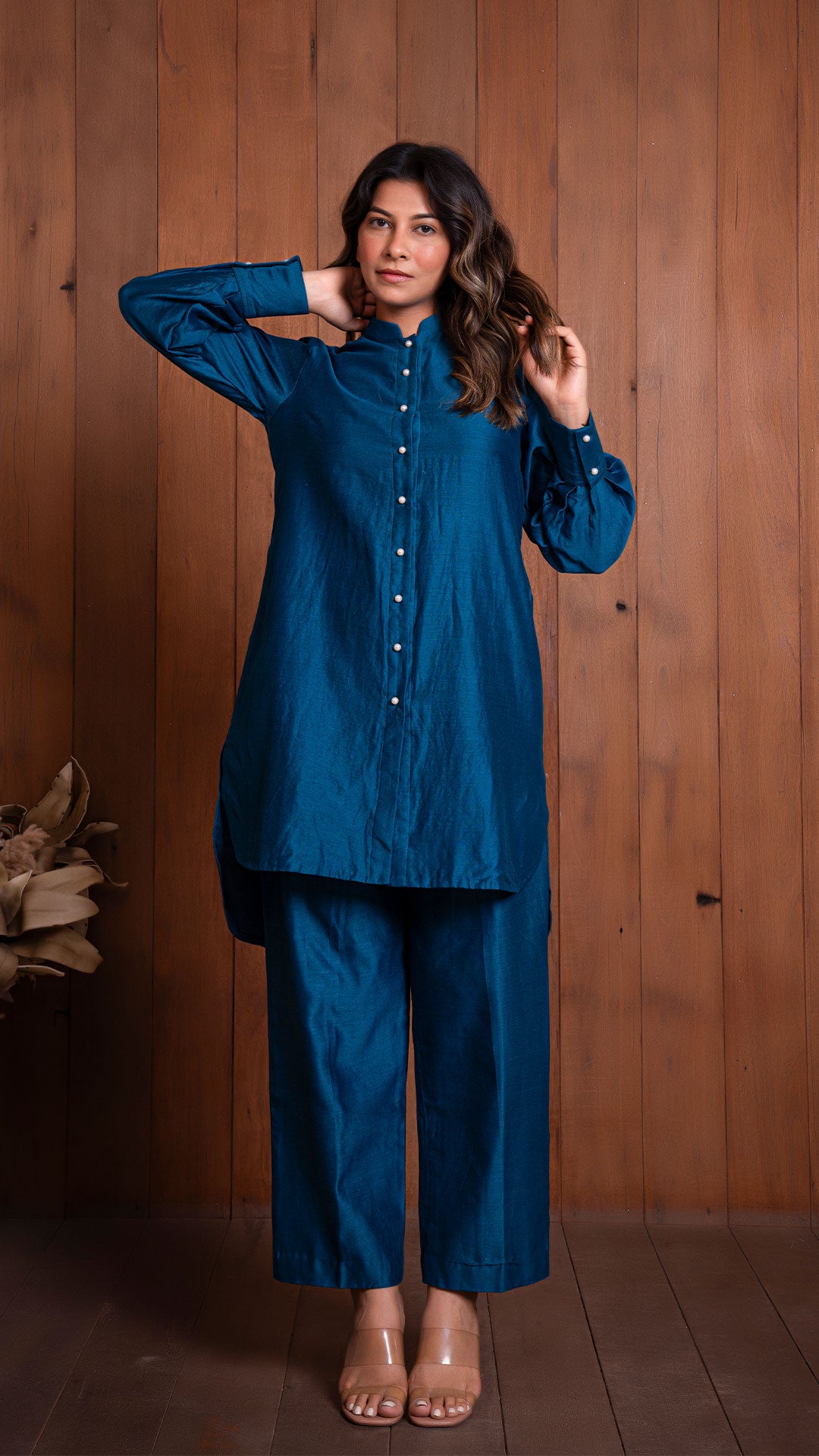 SOLID CHANDERI CO-ORD SET - PEACOCK BLUE