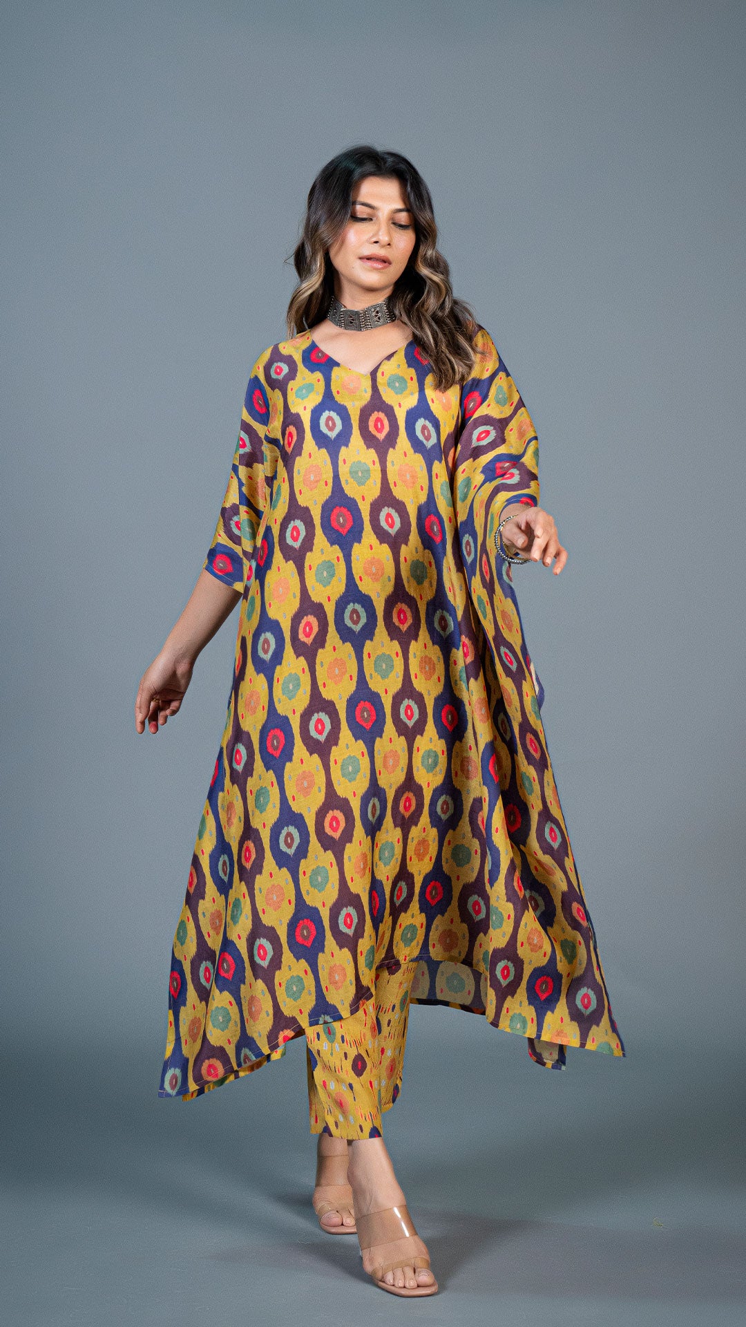 YELLOW IKKAT PRINT KAFTAN KURTA IN COTTON SILK