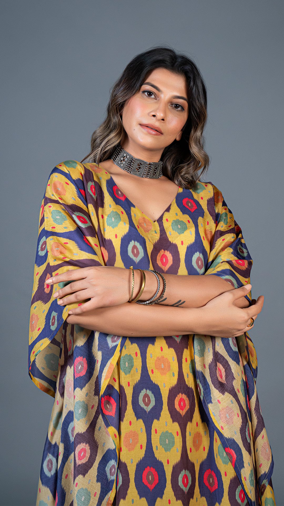 YELLOW IKKAT PRINT KAFTAN KURTA IN COTTON SILK