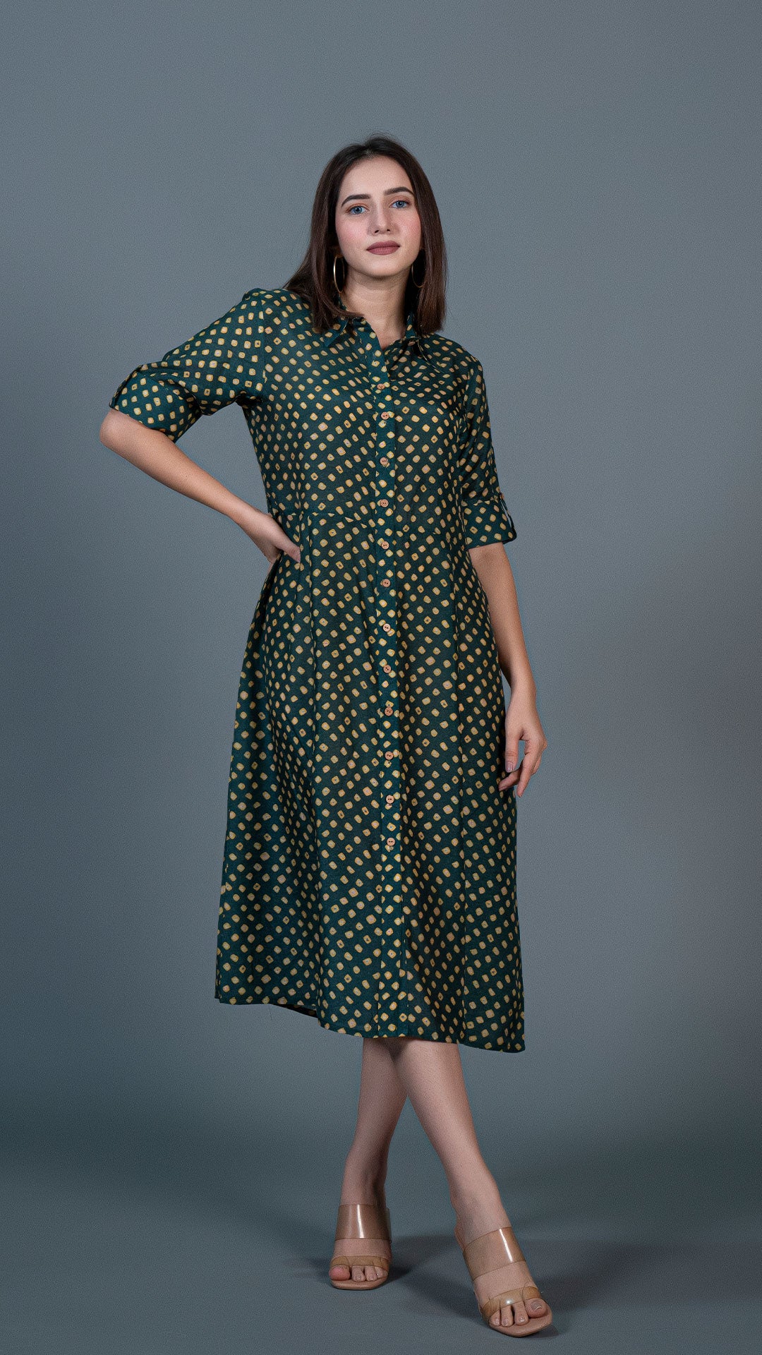 DARK GREEN BANDHANI PRINT COTTON SILK SHIRT DRESS