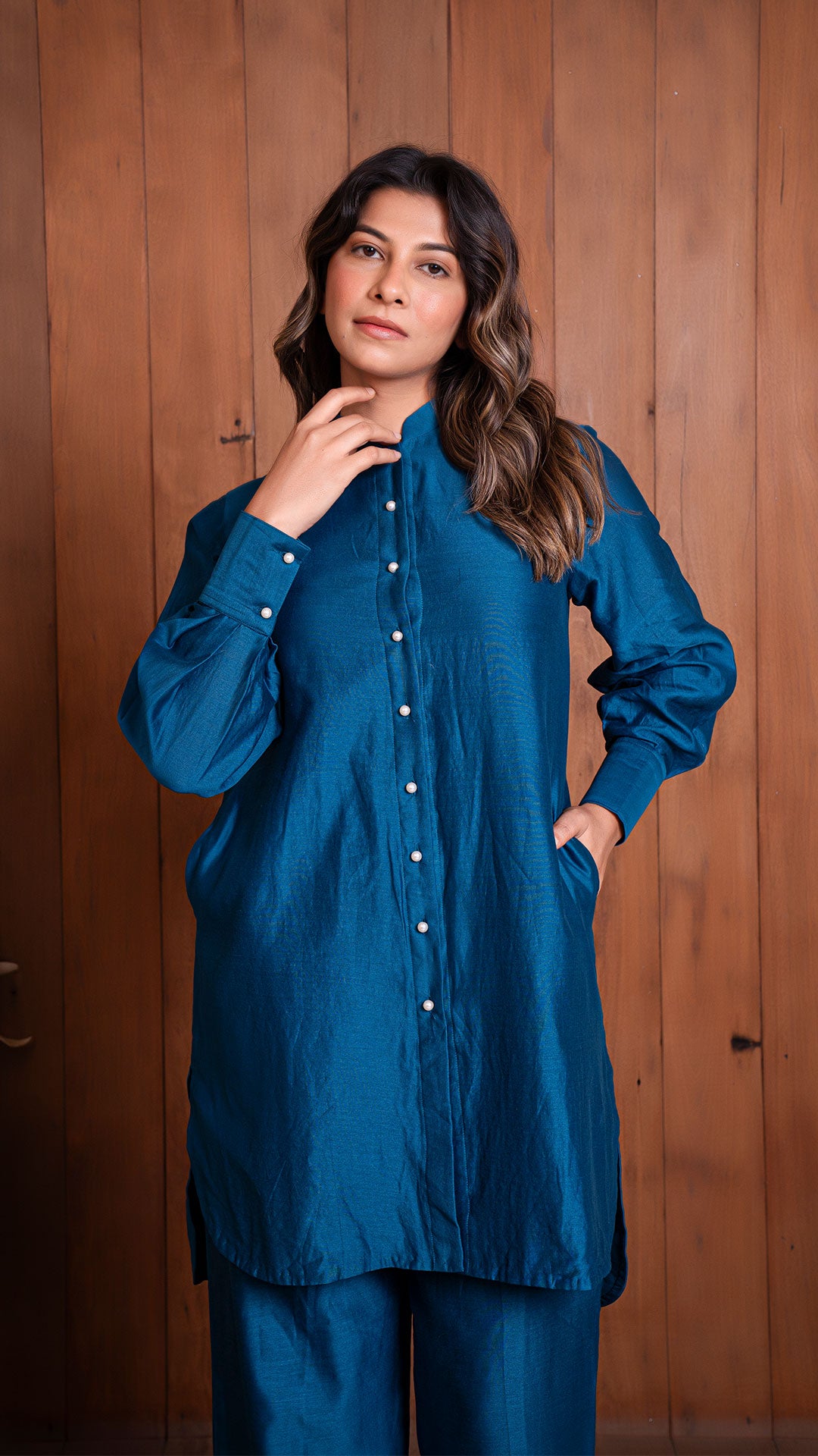 SOLID CHANDERI CO-ORD SET - PEACOCK BLUE