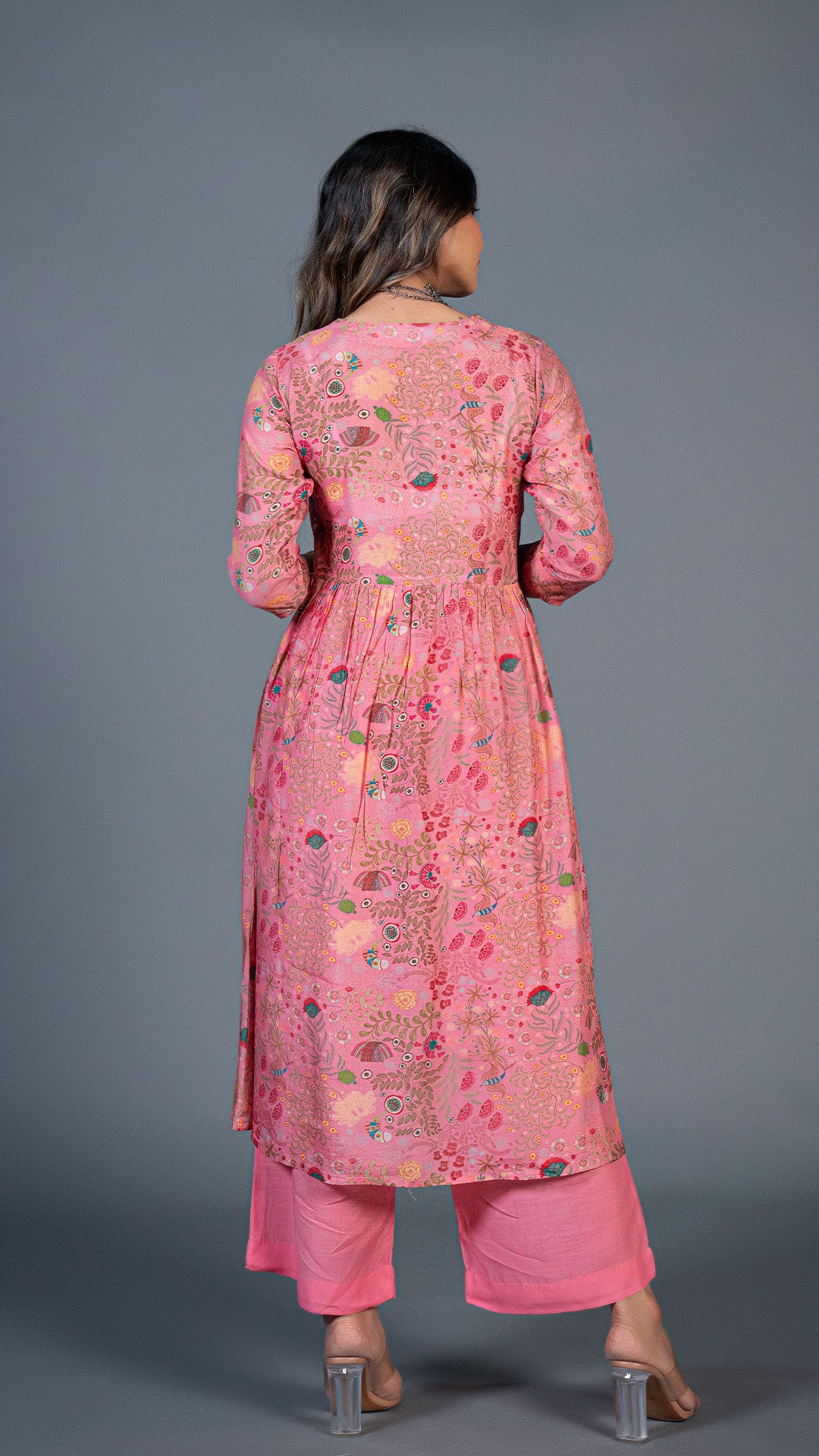 BLUSH PINK UNDER THE SEA PRINT PLEATED KURTA IN COTTON SILK