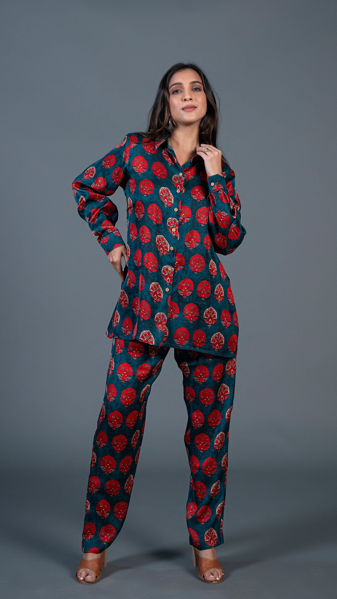 TEAL GREEN WITH RED MOTIFS CO-ORD SET IN MODAL SILK