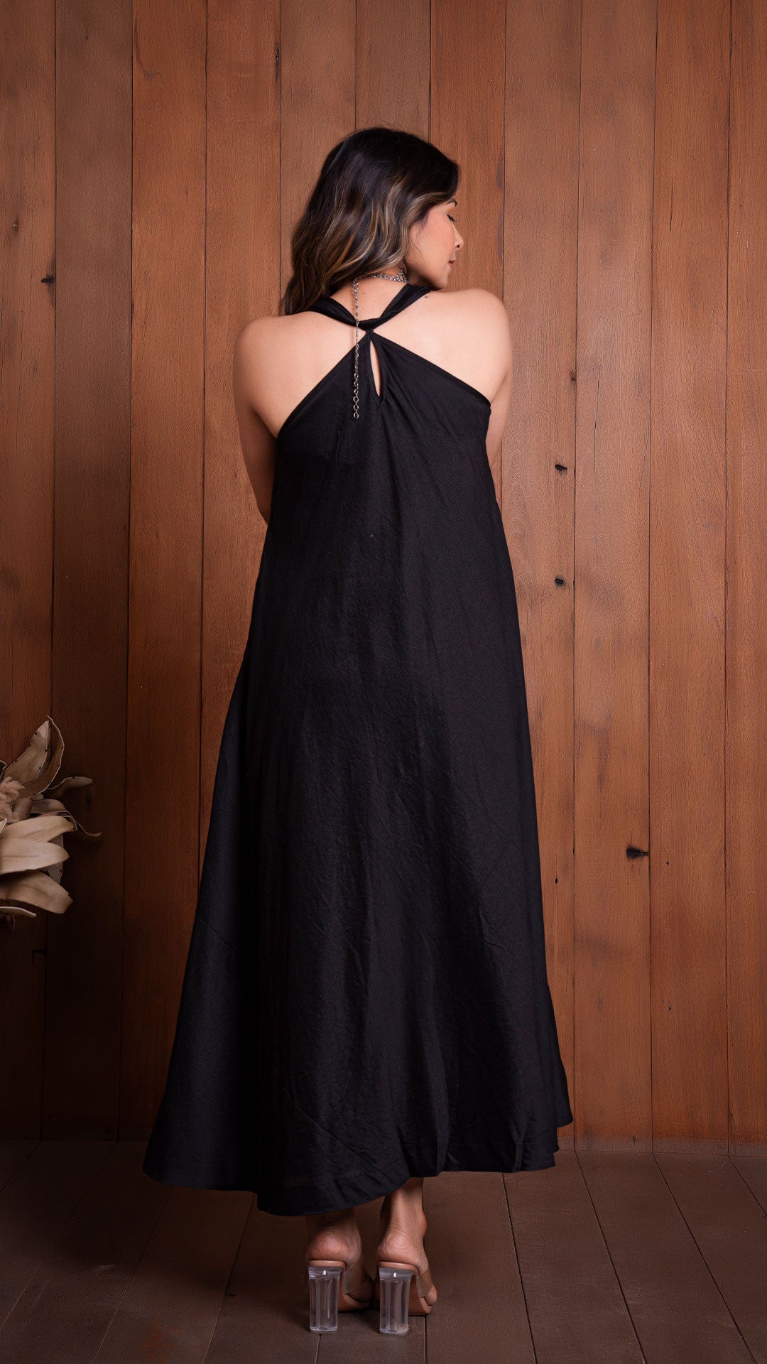 BLACK HALTER NECK FLARED DRESS IN CHANDERI SILK