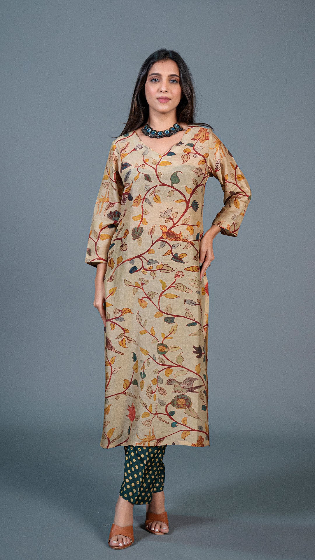 BEIGE KALAMKARI PRINT KURTA IN COTTON SILK