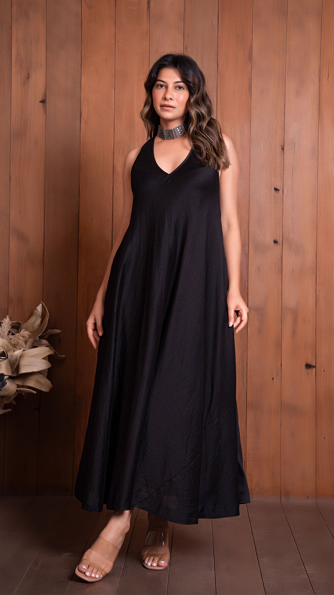 BLACK HALTER NECK FLARED DRESS IN CHANDERI SILK