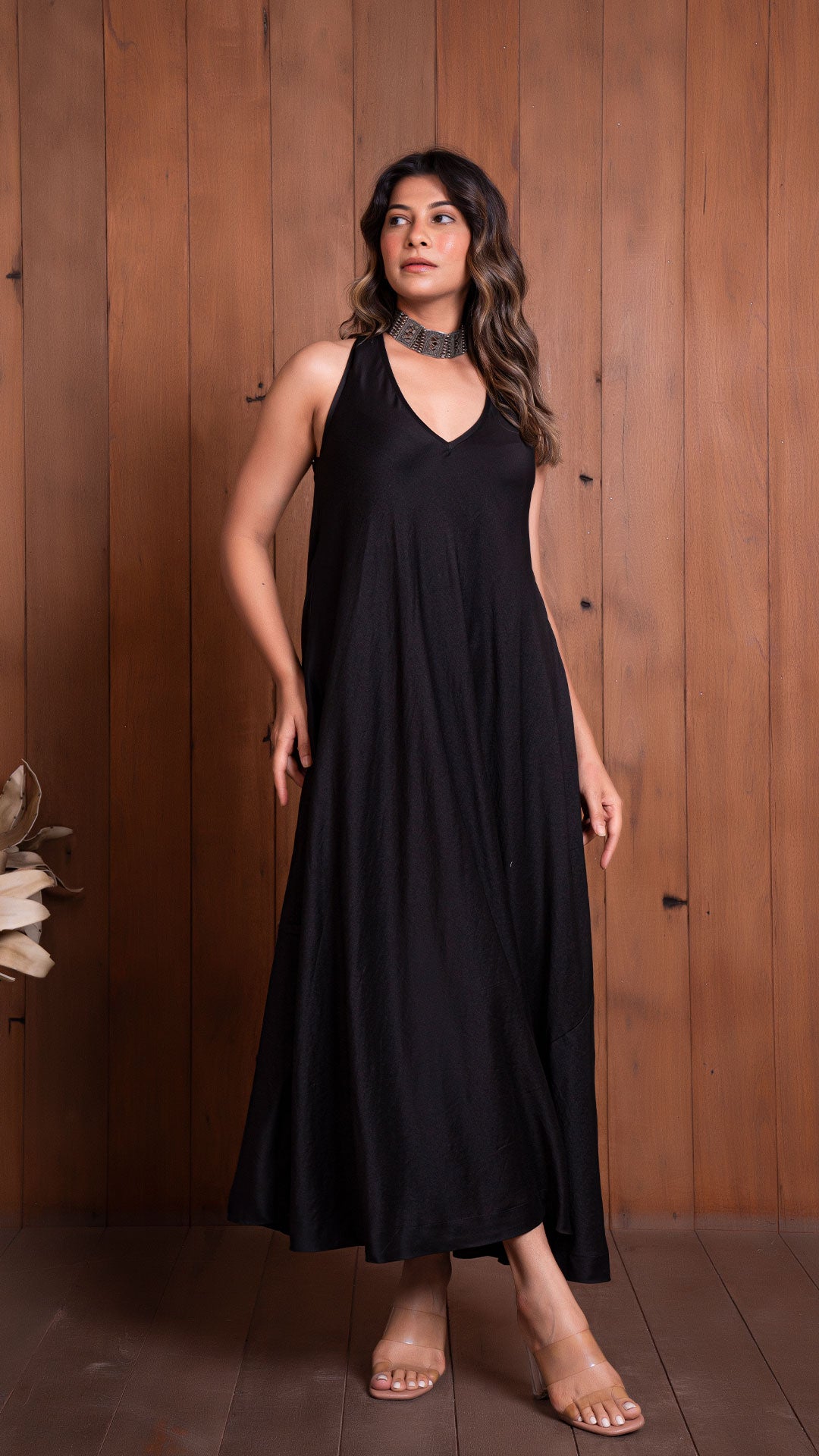 BLACK HALTER NECK FLARED DRESS IN CHANDERI SILK
