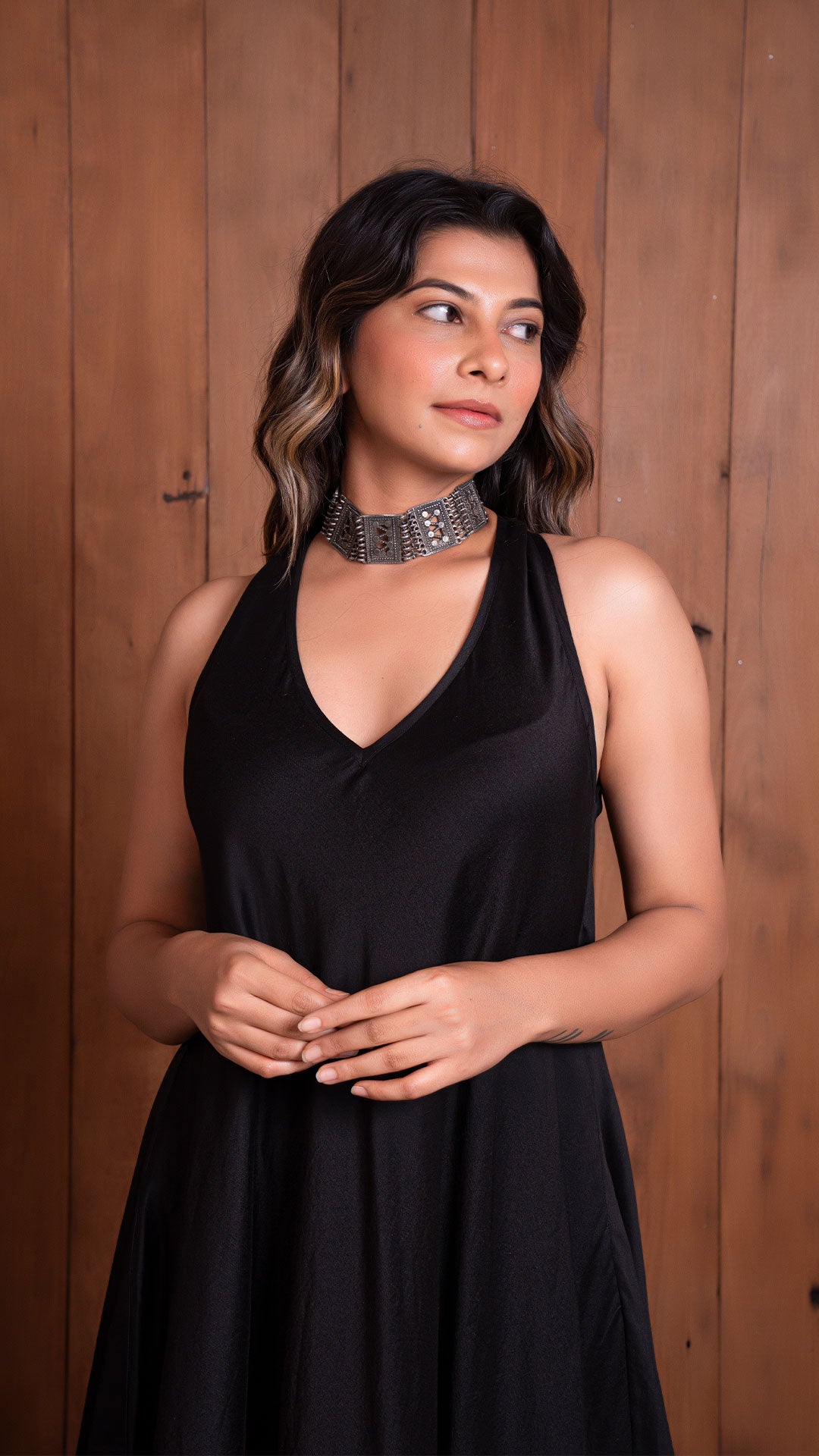 BLACK HALTER NECK FLARED DRESS IN CHANDERI SILK