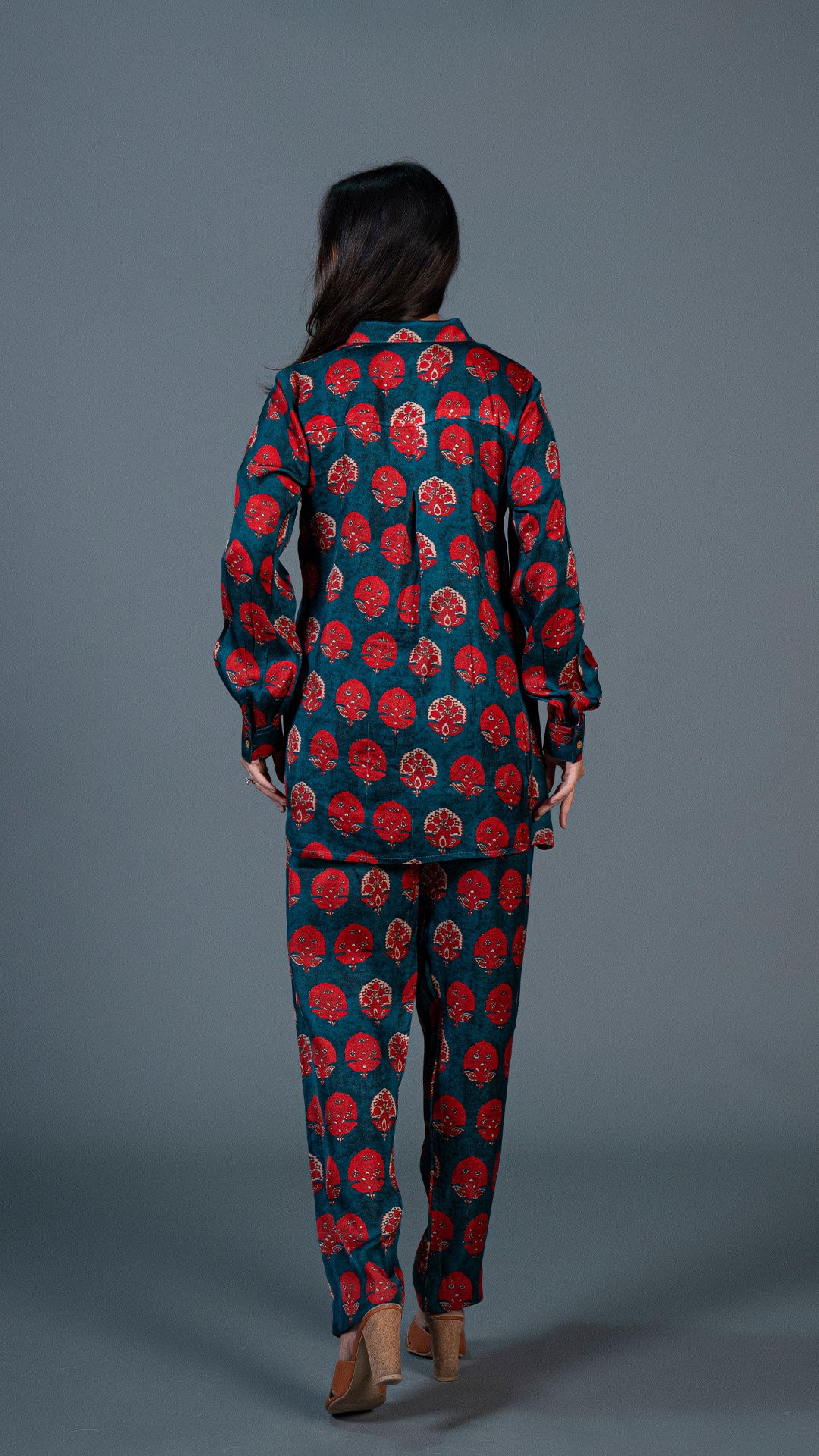 TEAL GREEN WITH RED MOTIFS CO-ORD SET IN MODAL SILK