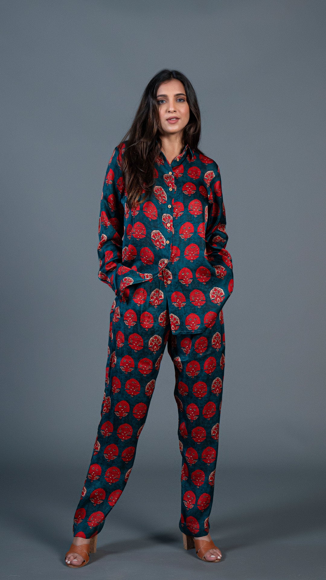 TEAL GREEN WITH RED MOTIFS CO-ORD SET IN MODAL SILK