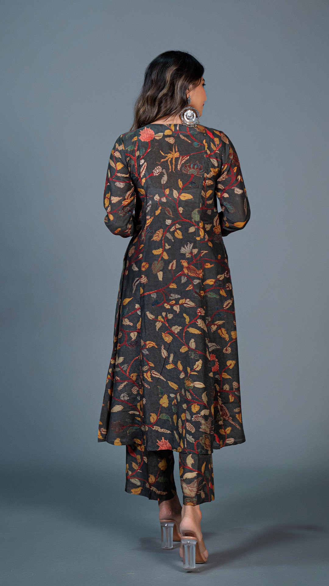 DARK GREEN KALAMKARI PRINT KALI KURTA IN COTTON SILK