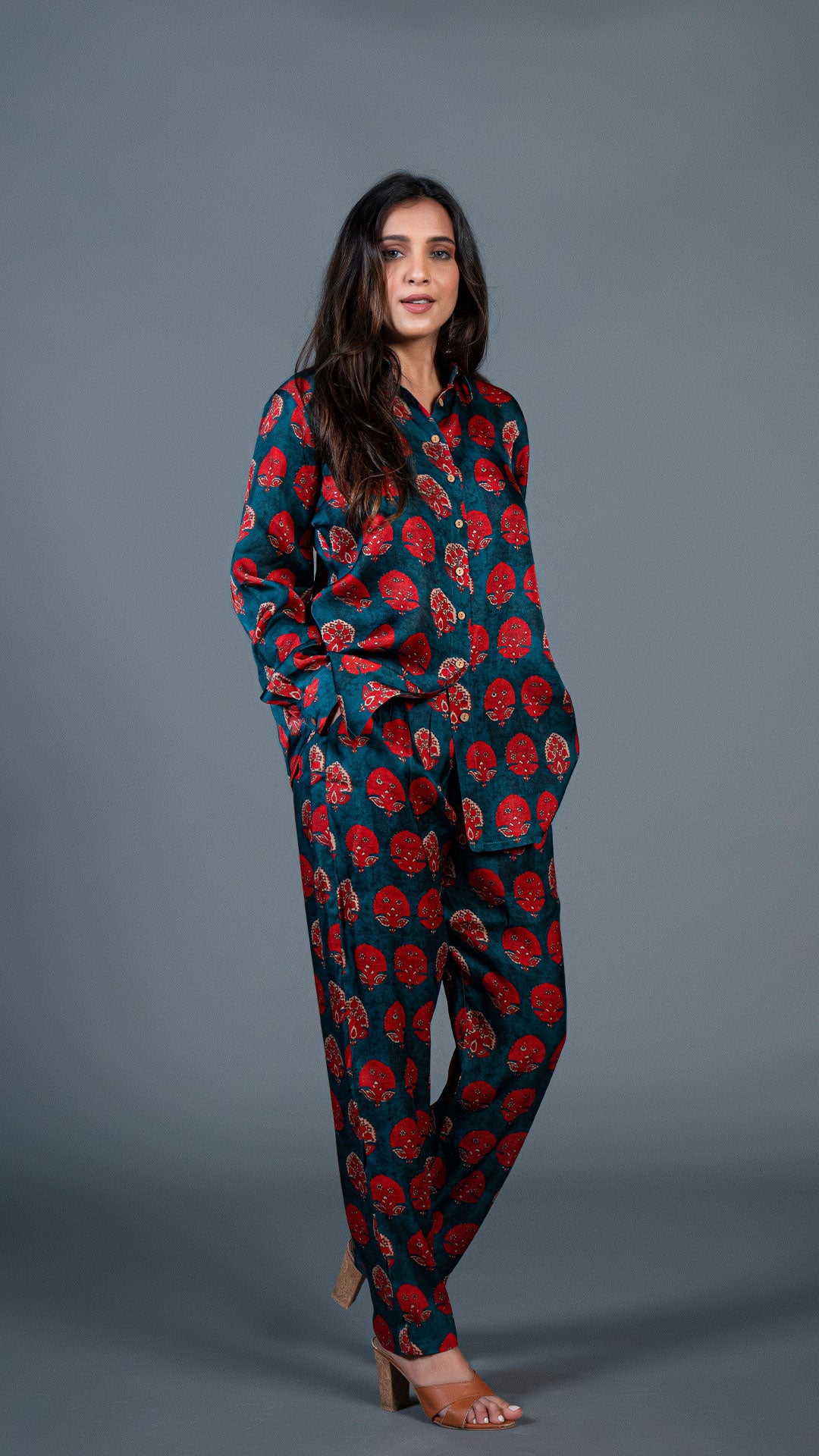TEAL GREEN WITH RED MOTIFS CO-ORD SET IN MODAL SILK