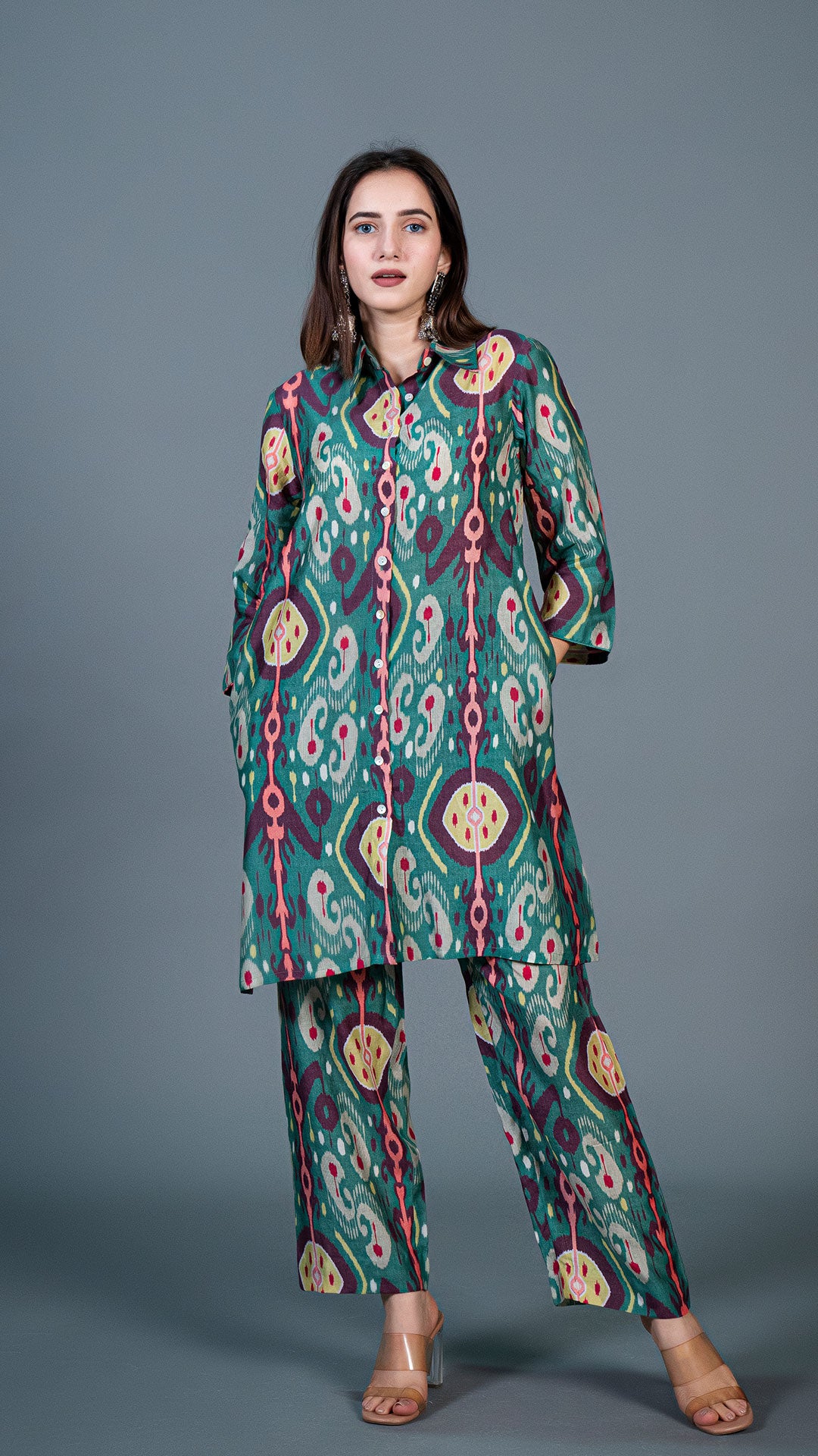 GREEN IKKAT PRINT COTTON SILK CO-ORD SET