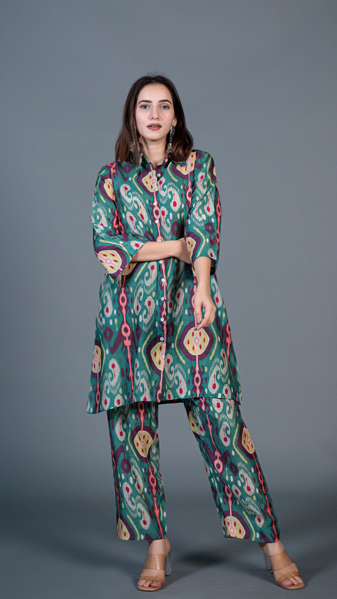 GREEN IKKAT PRINT COTTON SILK CO-ORD SET