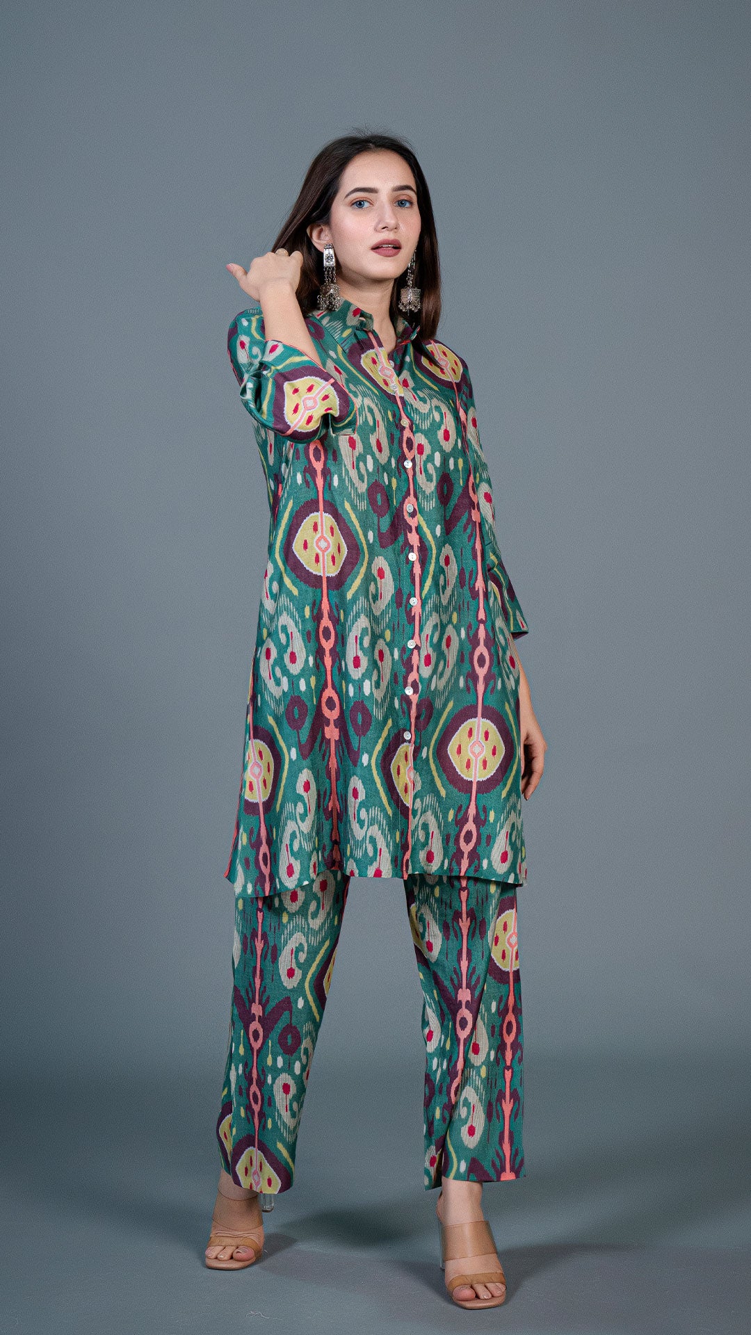GREEN IKKAT PRINT COTTON SILK CO-ORD SET