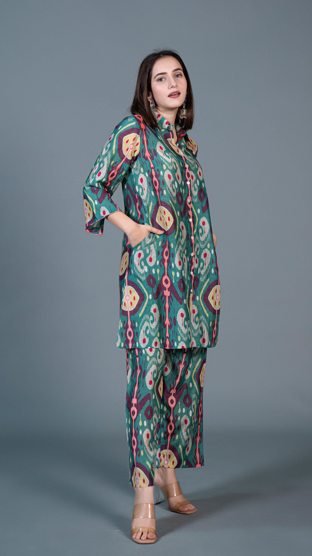 GREEN IKKAT PRINT COTTON SILK CO-ORD SET
