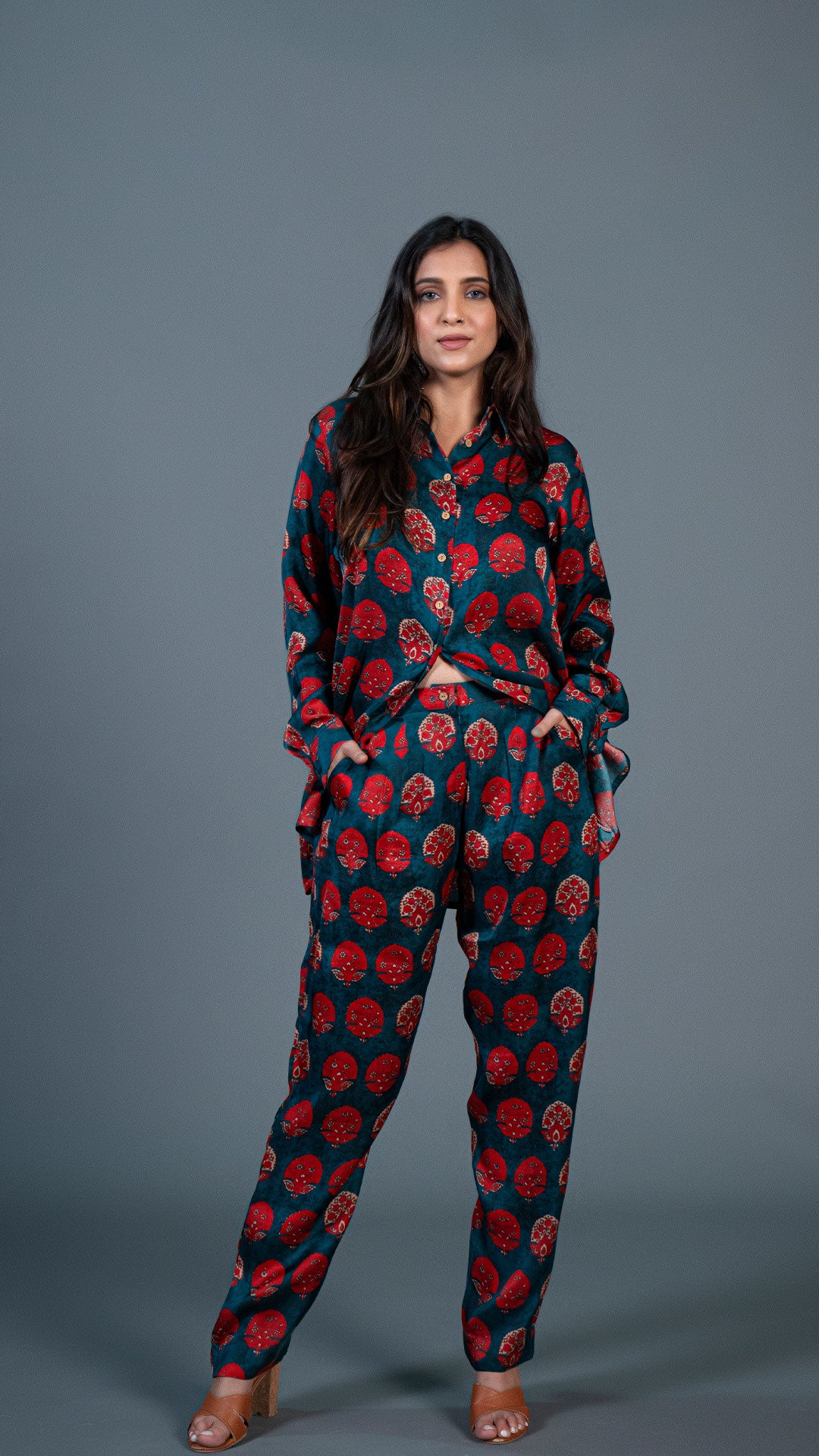 TEAL GREEN WITH RED MOTIFS CO-ORD SET IN MODAL SILK