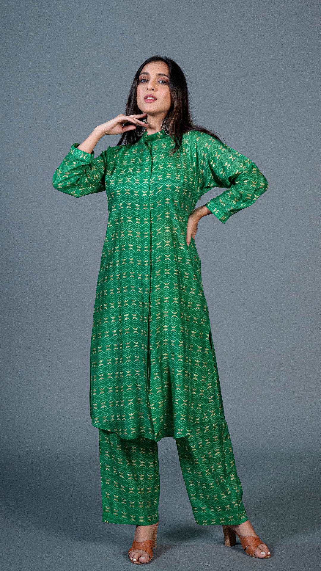BRIGHT GREEN PRINT CO-ORD SET IN COTTON SILK
