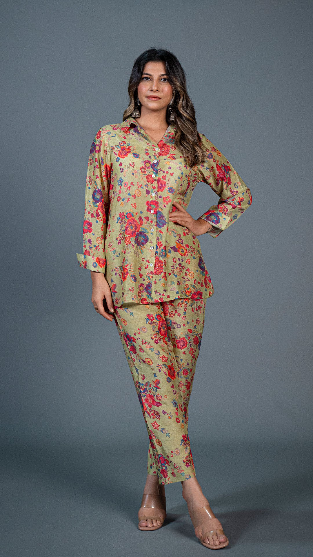 LIGHT GREEN FLORAL PRINT CO-ORD SET IN COTTON SILK