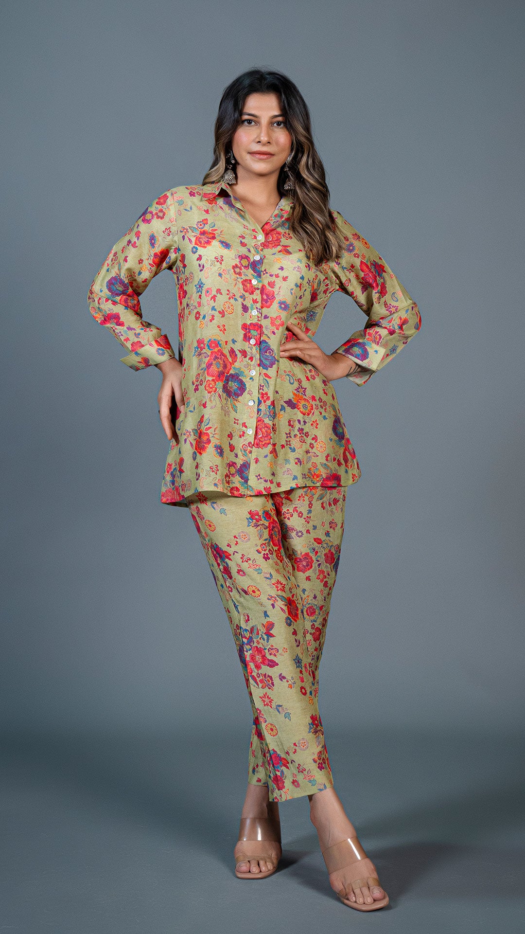 LIGHT GREEN FLORAL PRINT CO-ORD SET IN COTTON SILK