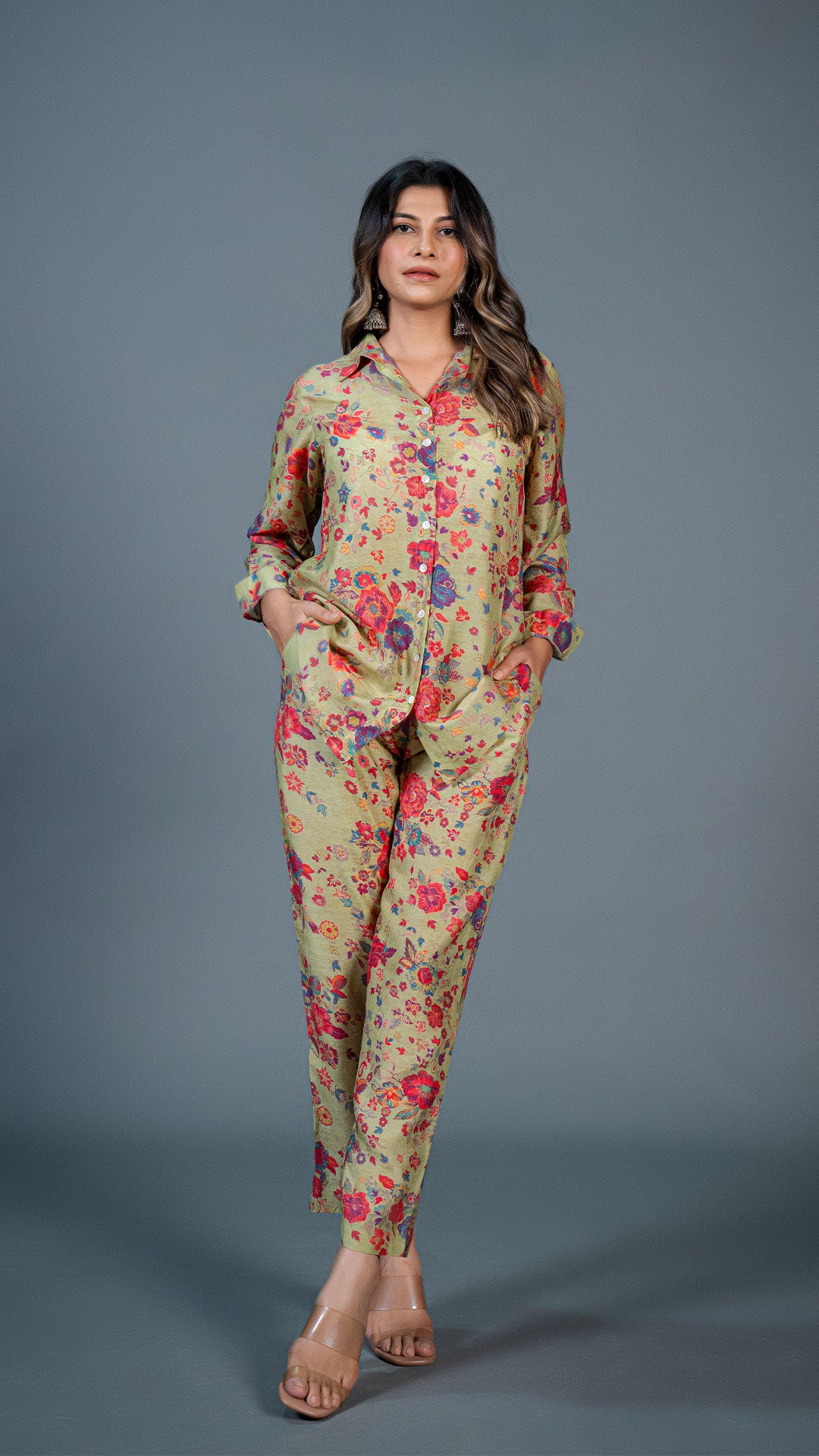 LIGHT GREEN FLORAL PRINT CO-ORD SET IN COTTON SILK