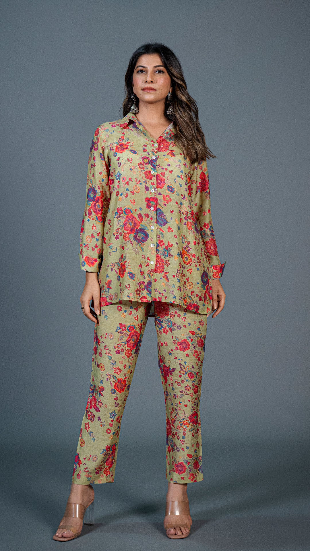 LIGHT GREEN FLORAL PRINT CO-ORD SET IN COTTON SILK