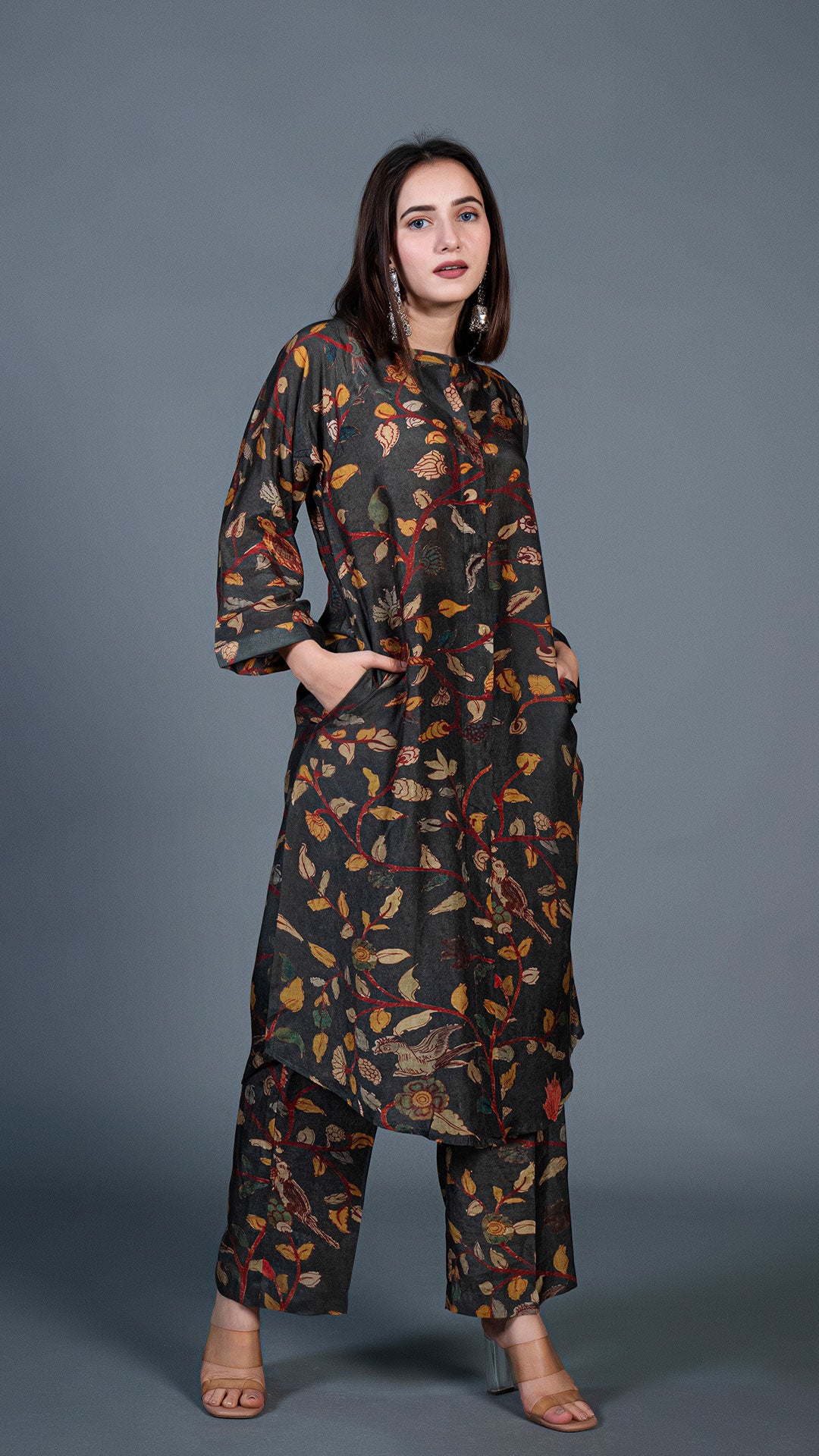 DARK GREEN KALAMKARI PRINT CO-ORD SET IN COTTON SILK