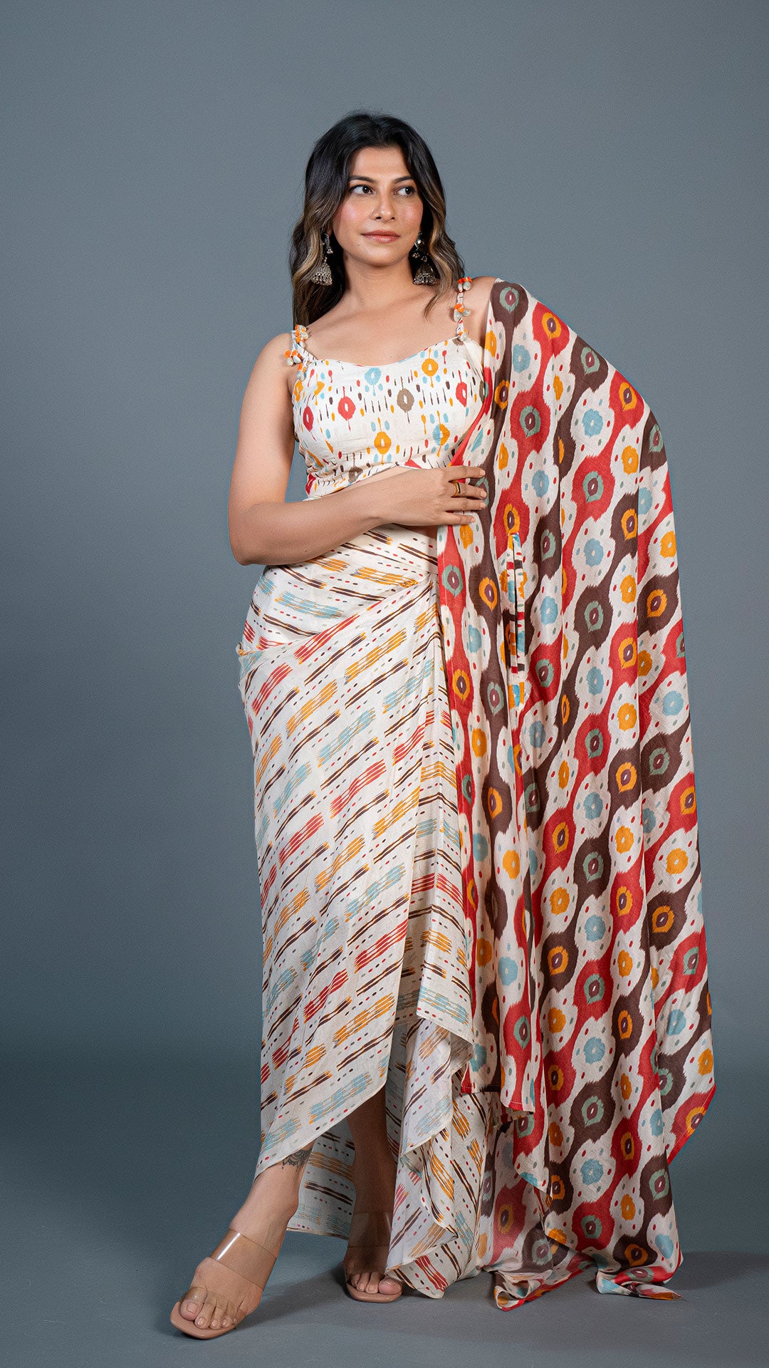 OFF WHITE IKKAT PRINT DRAPE SKIRT SET IN COTTON SILK