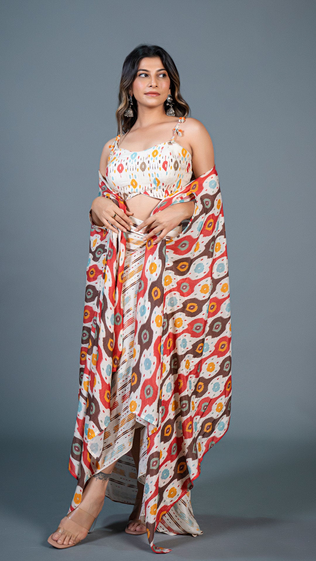 OFF WHITE IKKAT PRINT DRAPE SKIRT SET IN COTTON SILK