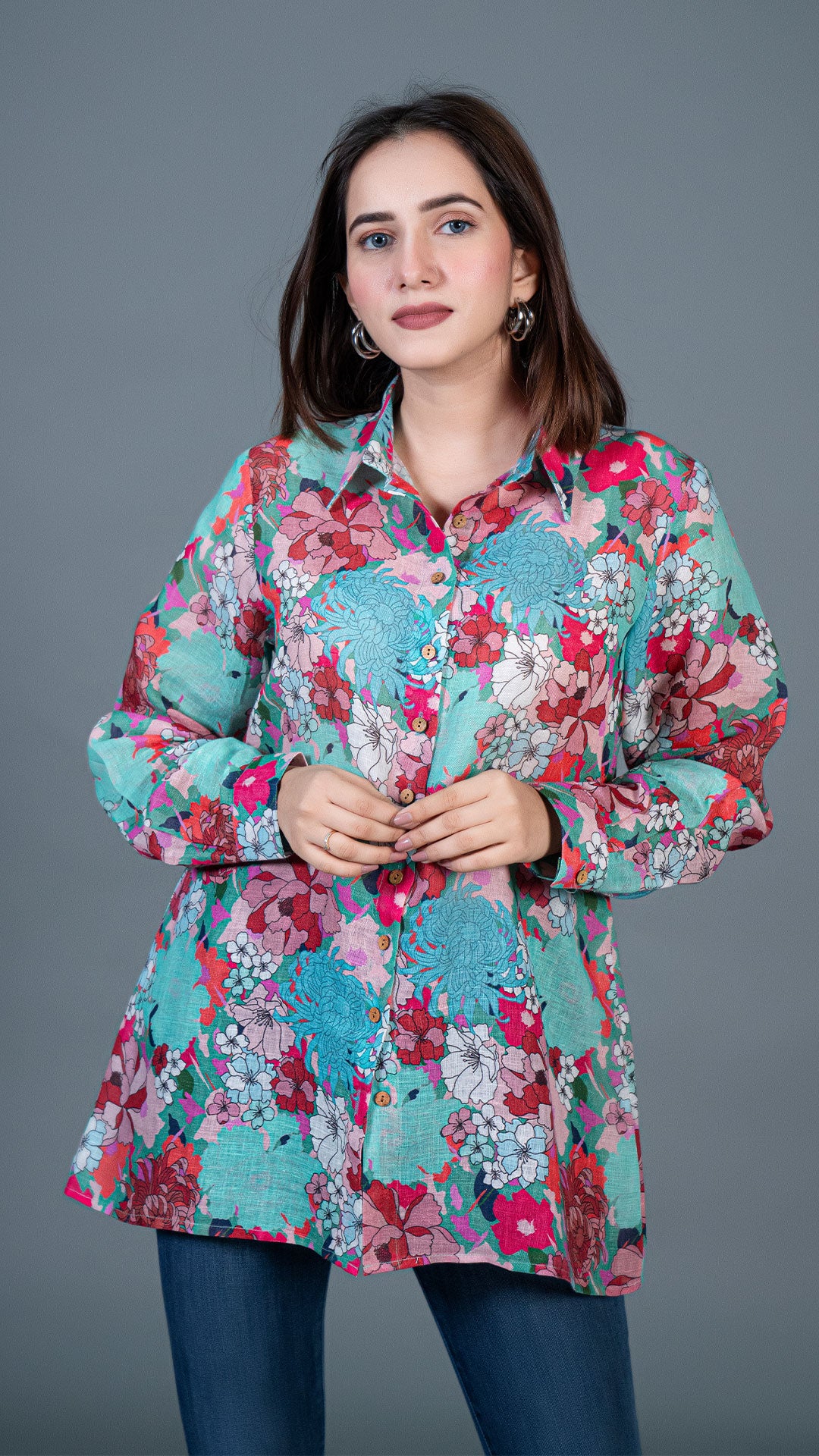 FLORAL ILLUSION LINEN SHIRT - GREEN