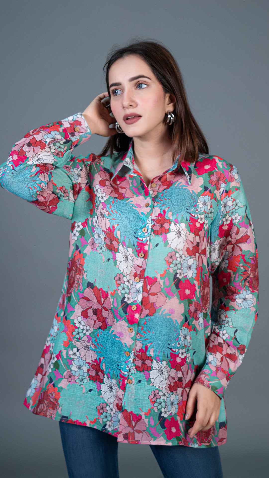 FLORAL ILLUSION LINEN SHIRT - GREEN