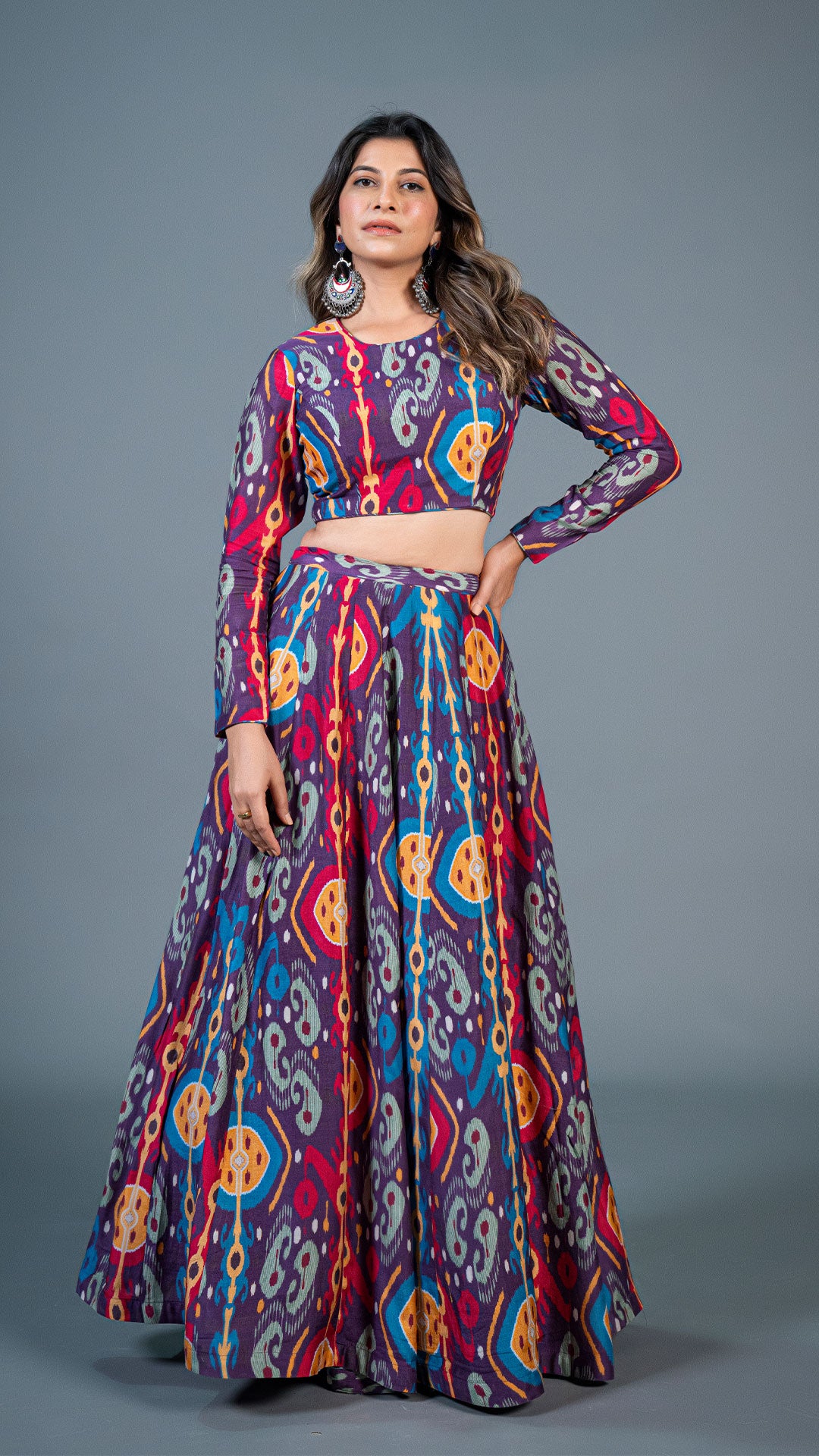 PURPLE IKKAT PRINT LEHENGA SET IN SILK
