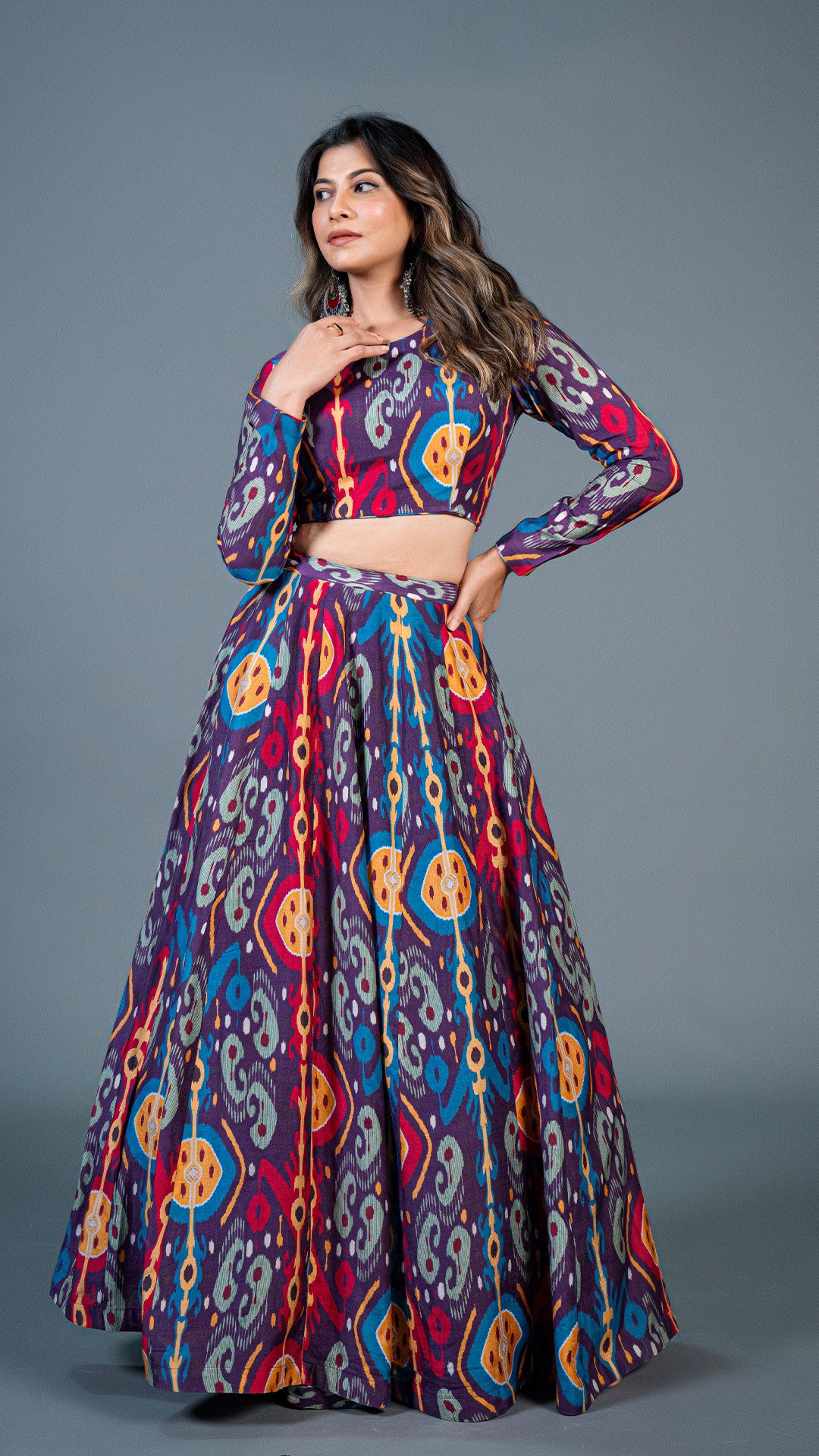 PURPLE IKKAT PRINT LEHENGA SET IN SILK