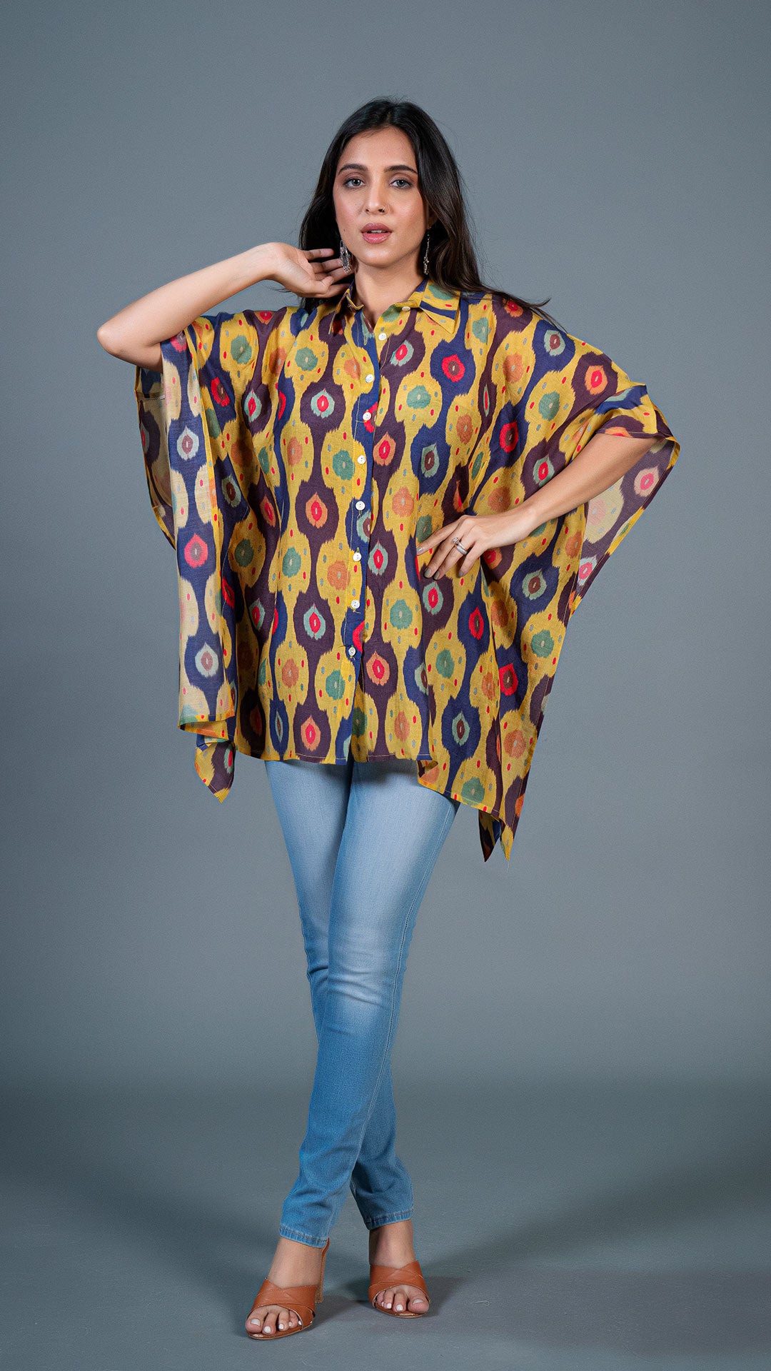 YELLOW IKKAT PRINT SHORT KAFTAN TOP IN COTTON SILK