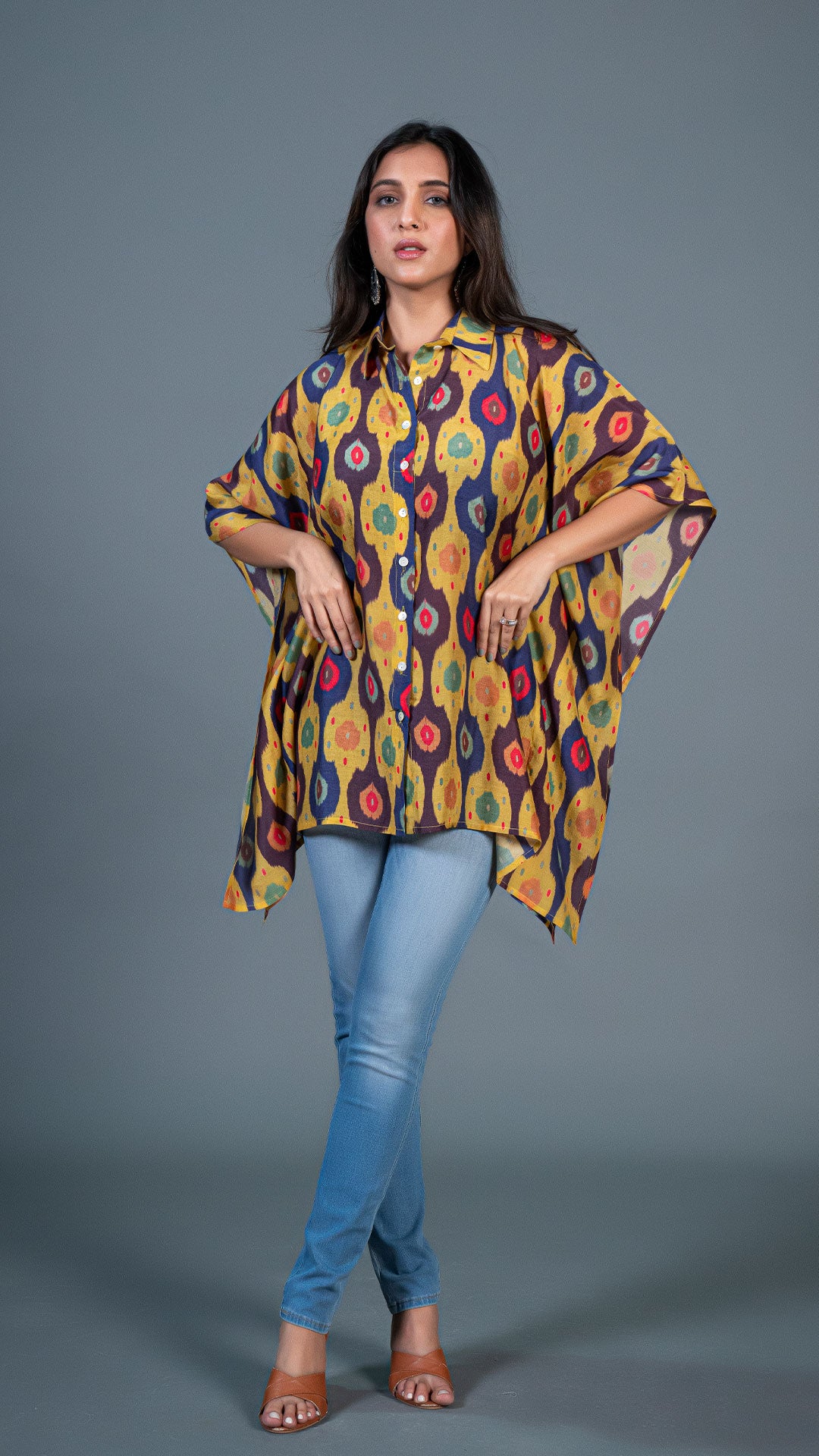 YELLOW IKKAT PRINT SHORT KAFTAN TOP IN COTTON SILK
