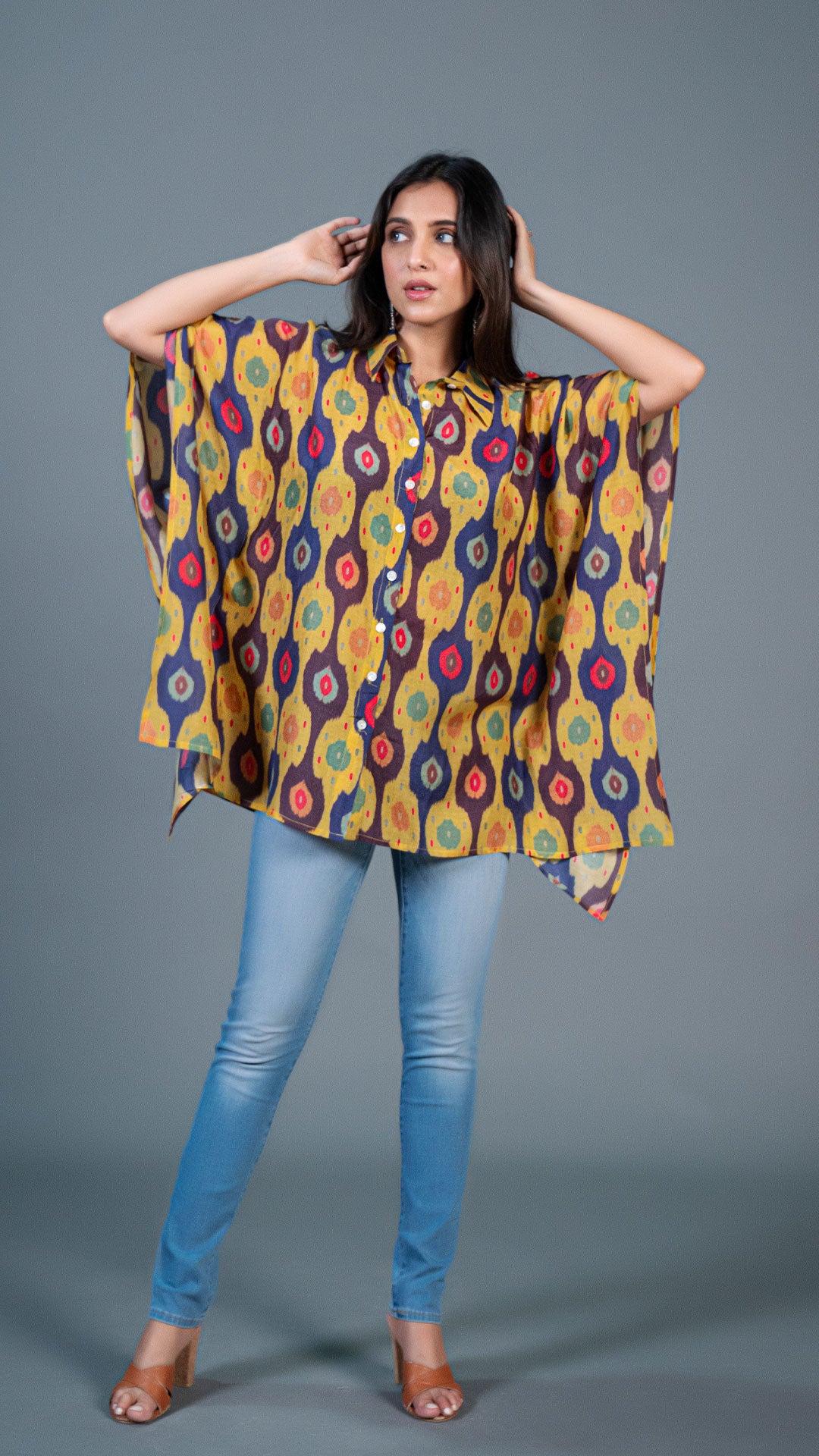 YELLOW IKKAT PRINT SHORT KAFTAN TOP IN COTTON SILK